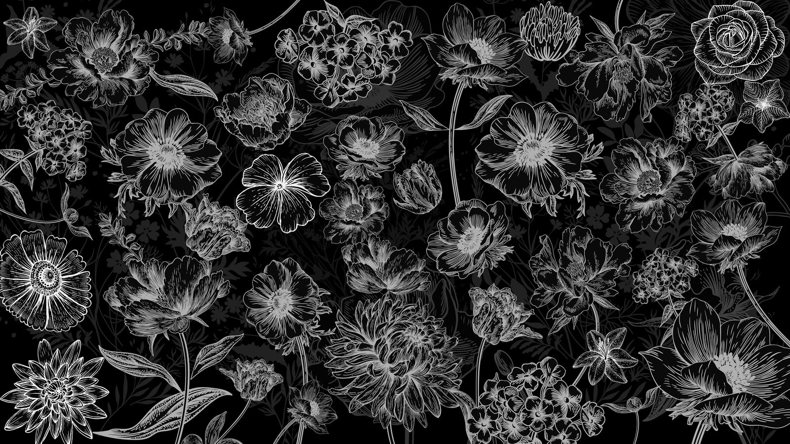 Black Floral Background, Black and White Flower Wallpaper Mural. #6677