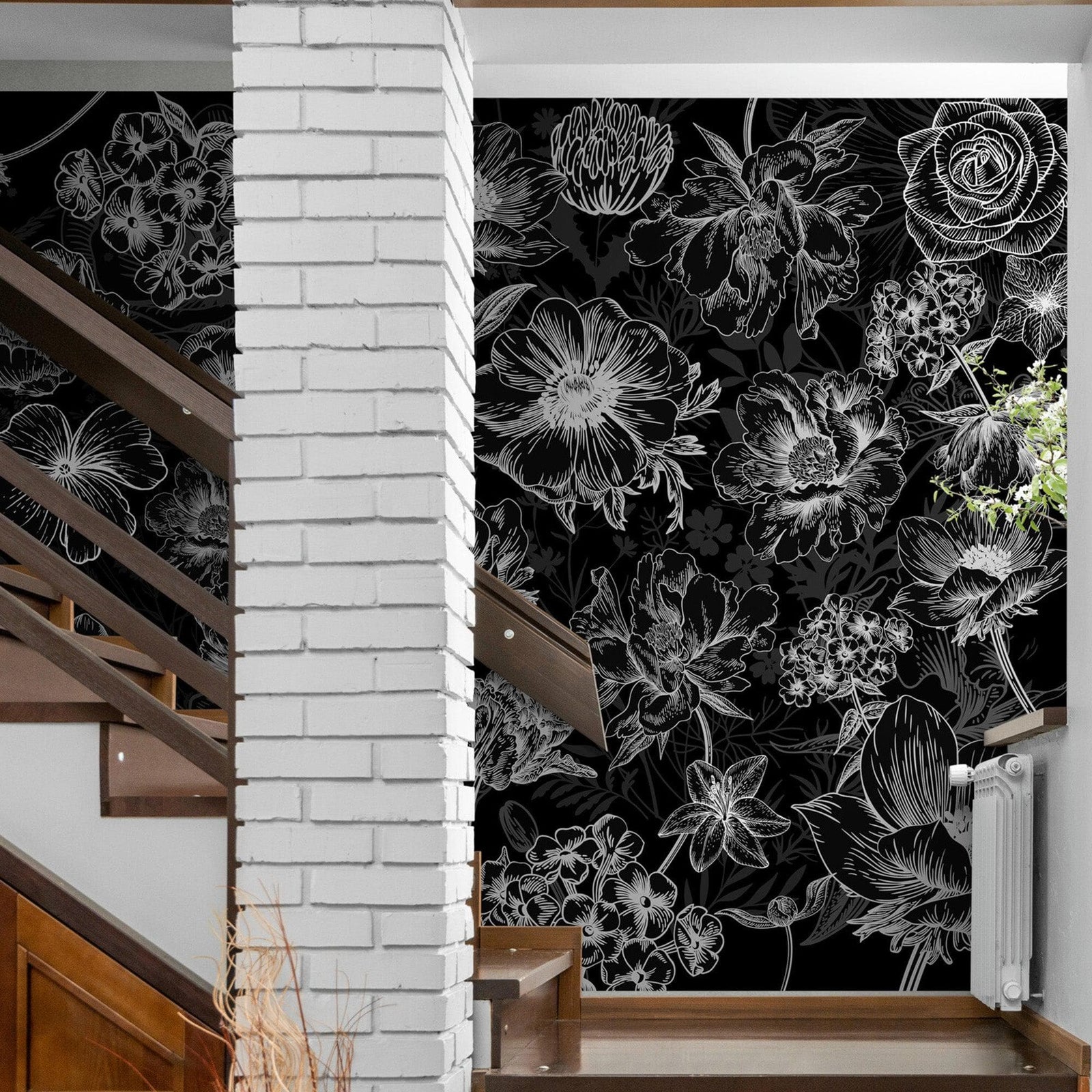 Black Floral Background, Black and White Flower Wallpaper Mural. #6677