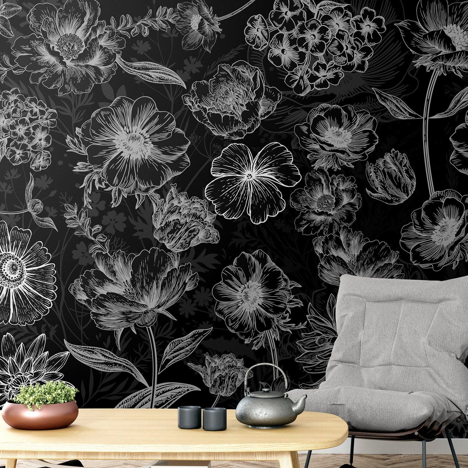 Black Floral Background, Black and White Flower Wallpaper Mural. #6677