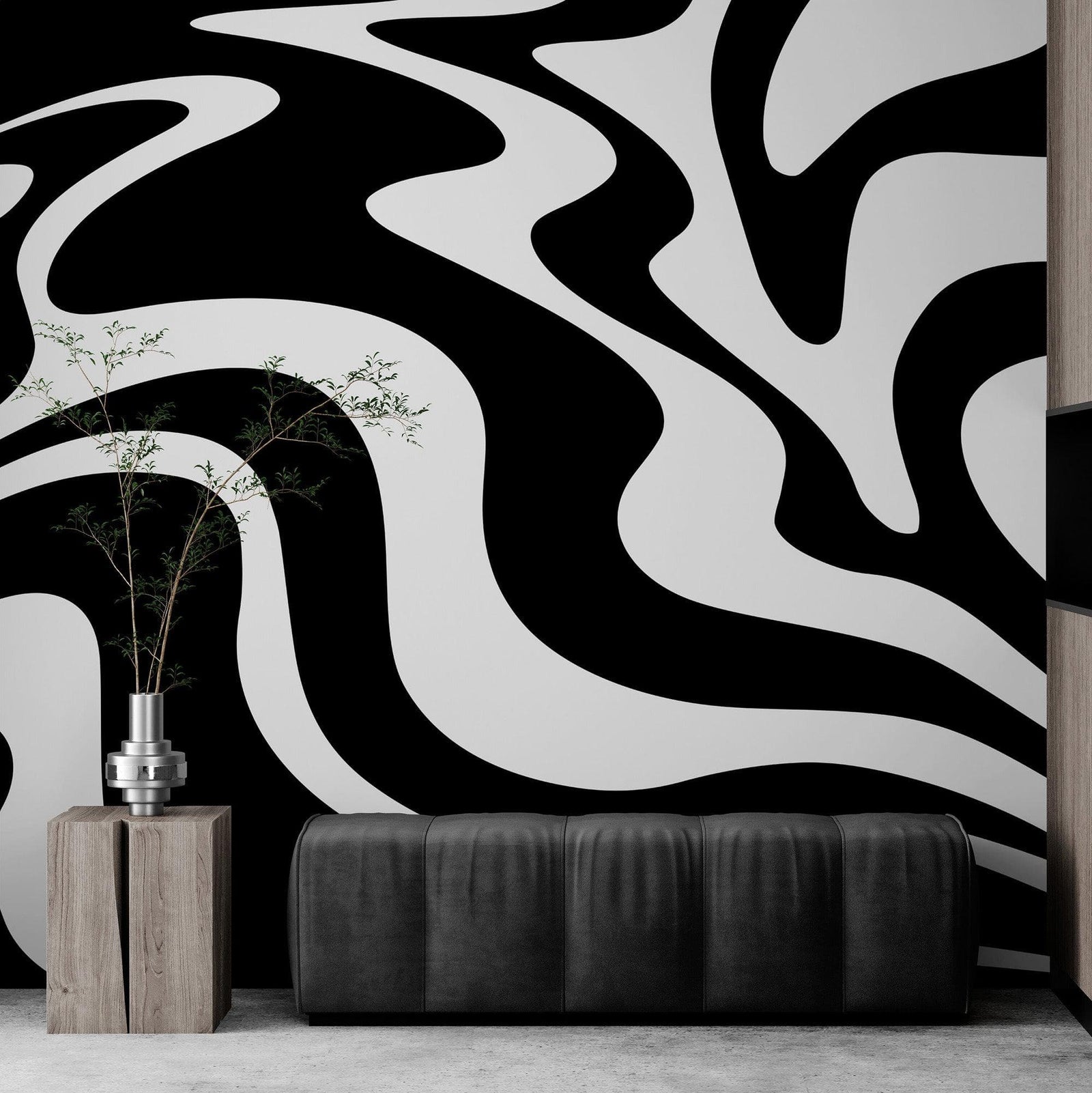 Black Swirly Line Wallpaper. Contemporary Art Decor. Modern Aesthetic. #6679