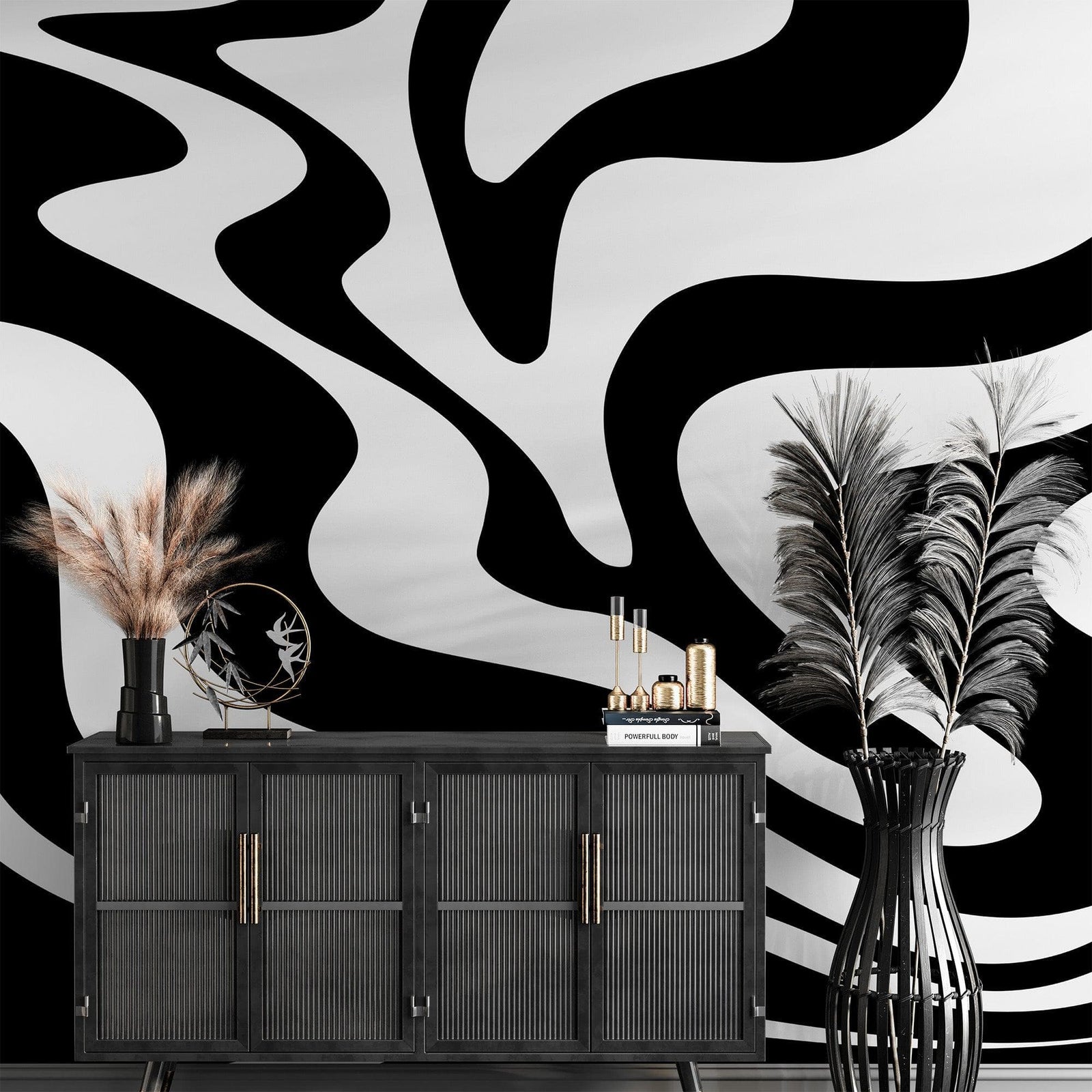 Black Swirly Line Wallpaper. Contemporary Art Decor. Modern Aesthetic. #6679