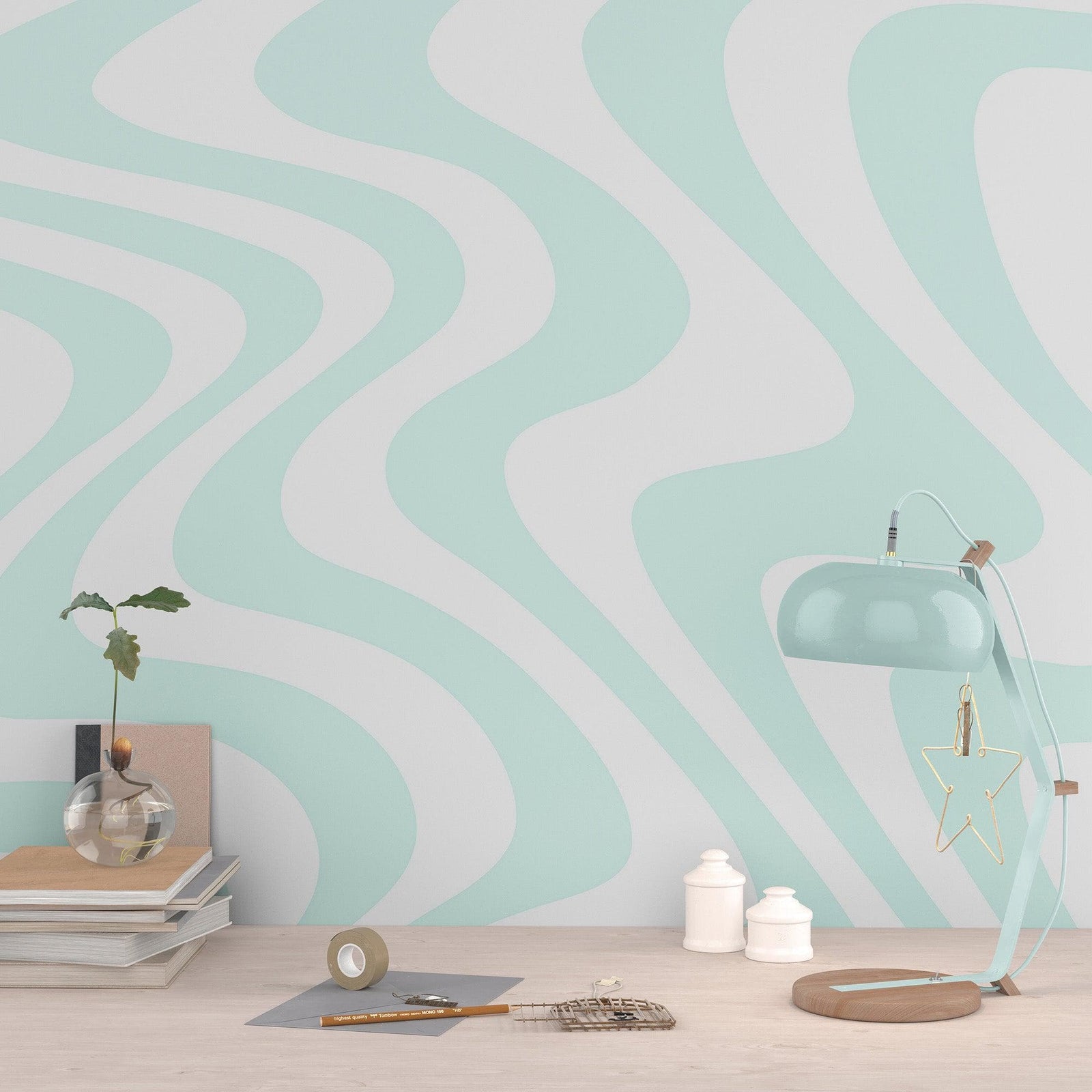 Mint Color Swirly Lines Abstract Wallpaper Mural. #6689