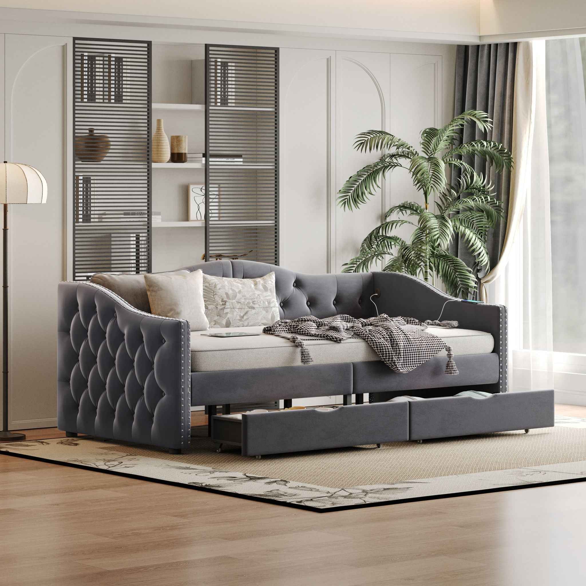 Full Size Bed Frame, Upholstered Cloud Bed Frame With Headboard, 2 Storage Drawers And 2 USB Charging Design, No Box Spring Needed - Gray