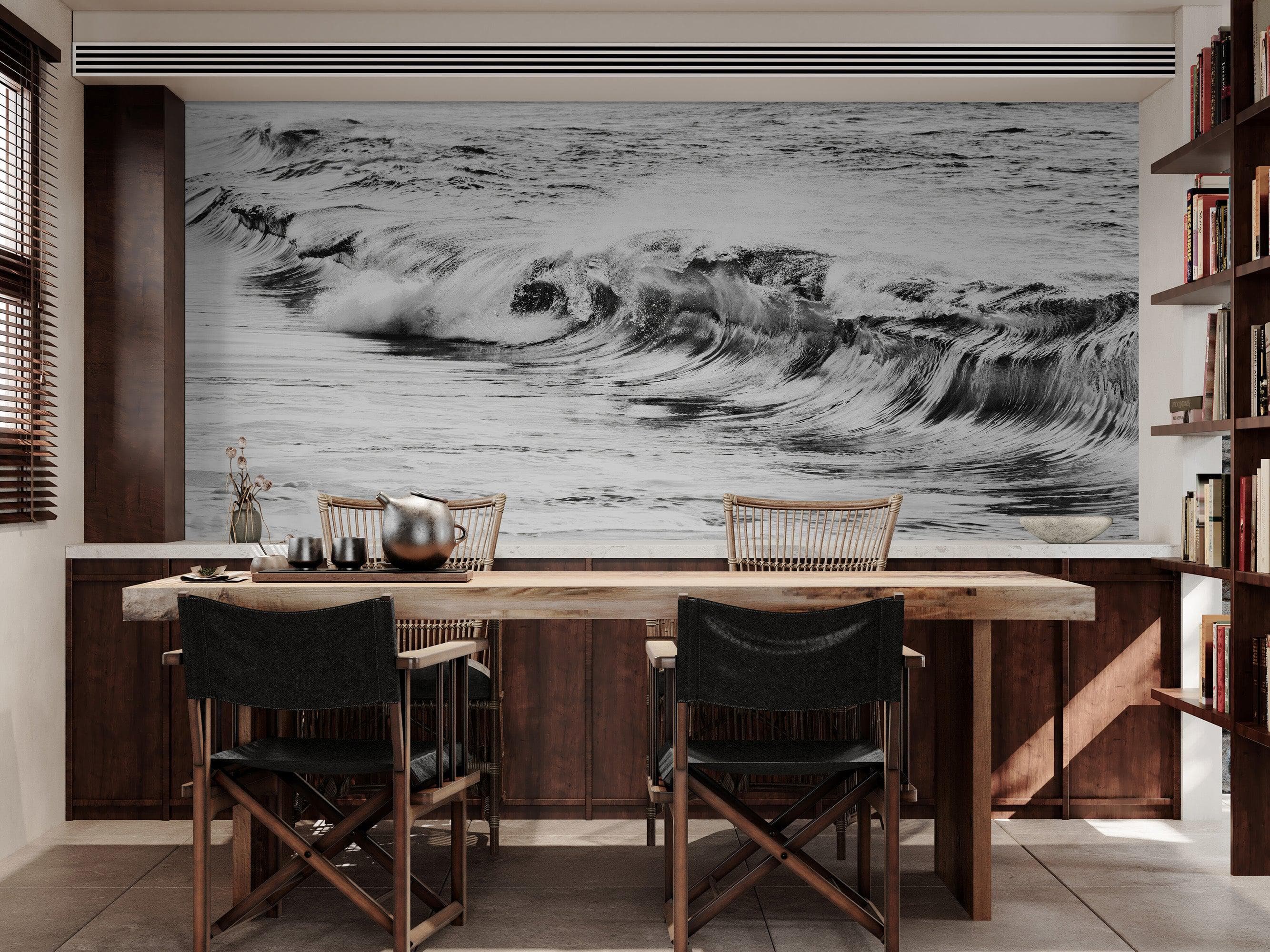 Ocean Wave Wallpaper. Black and White Surf Theme Wall Mural. #6709