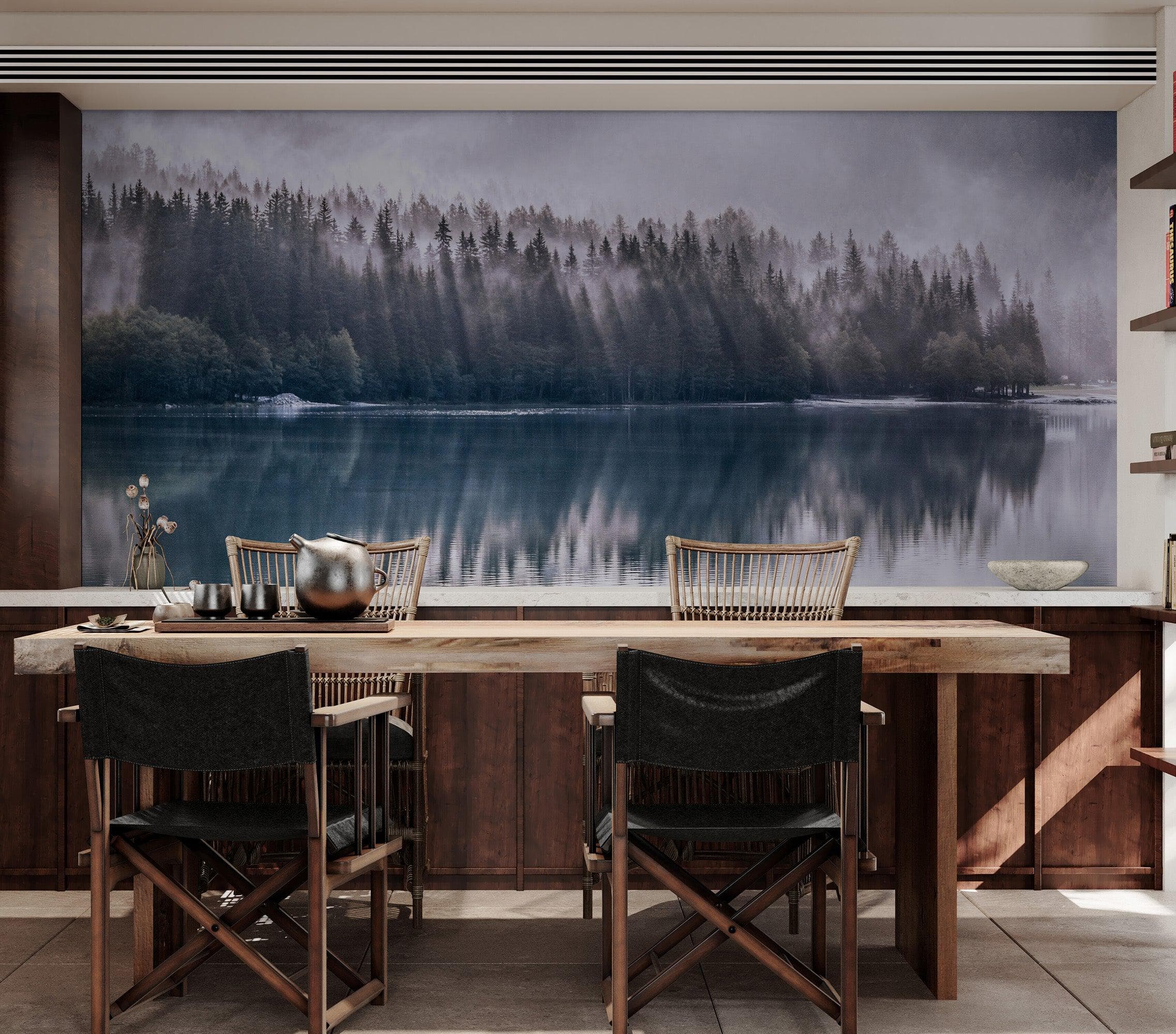 Pine Trees Forest Lake View Wall Mural Wallpaper. #6754