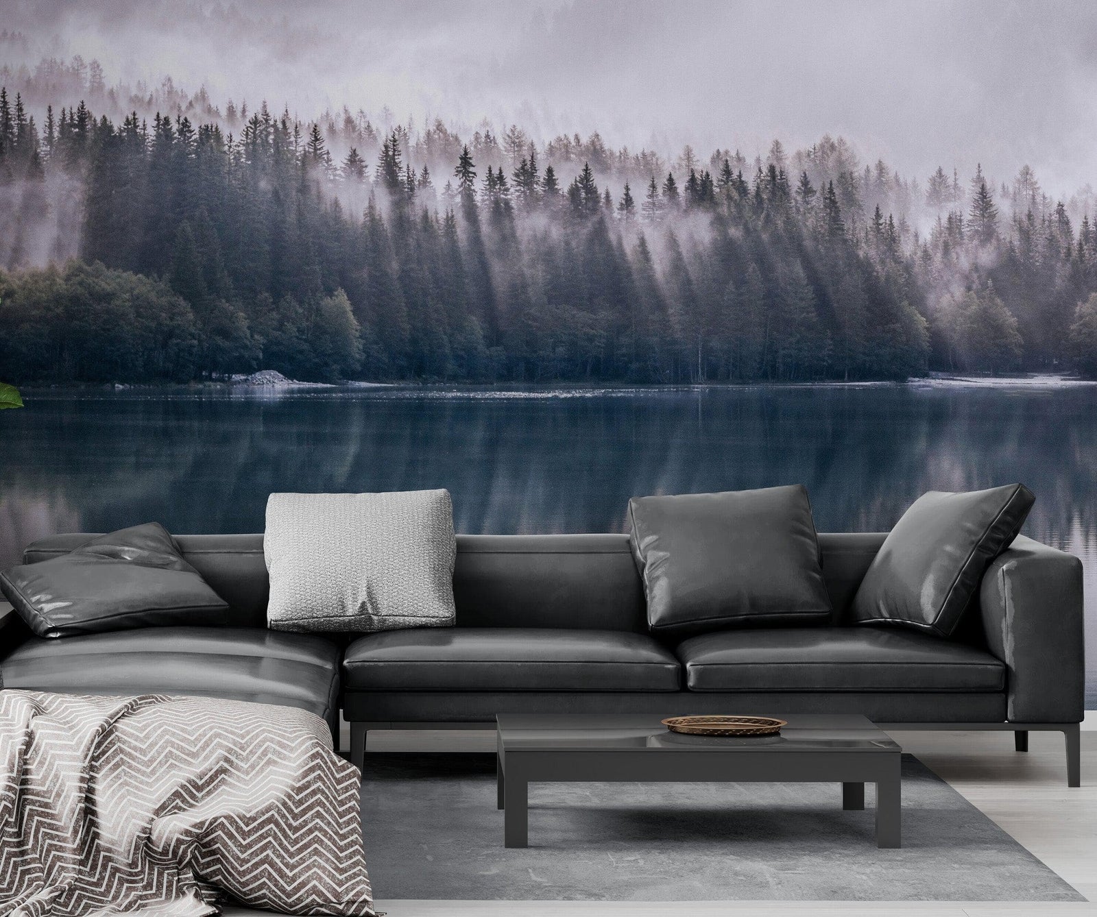 Pine Trees Forest Lake View Wall Mural Wallpaper. #6754