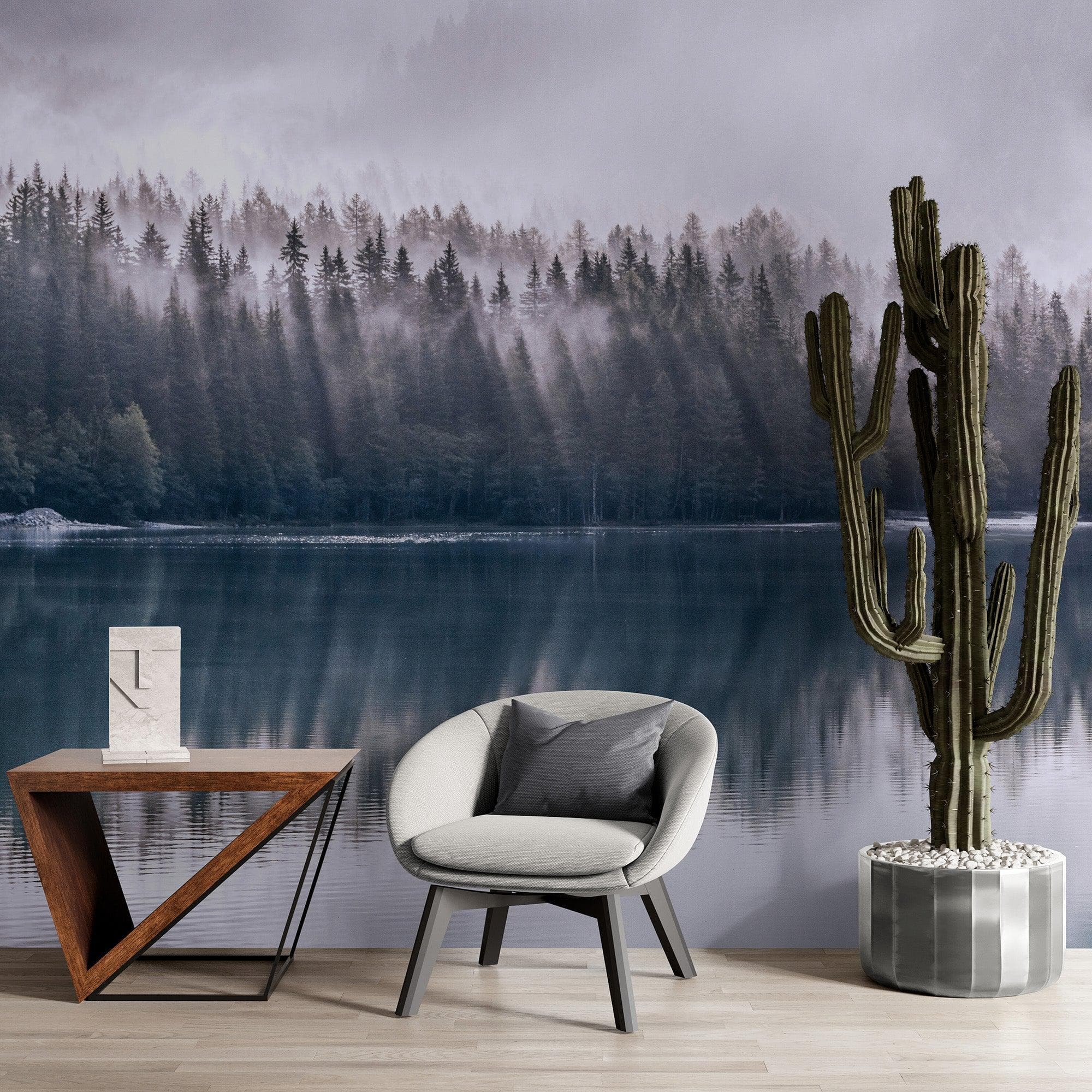 Pine Trees Forest Lake View Wall Mural Wallpaper. #6754