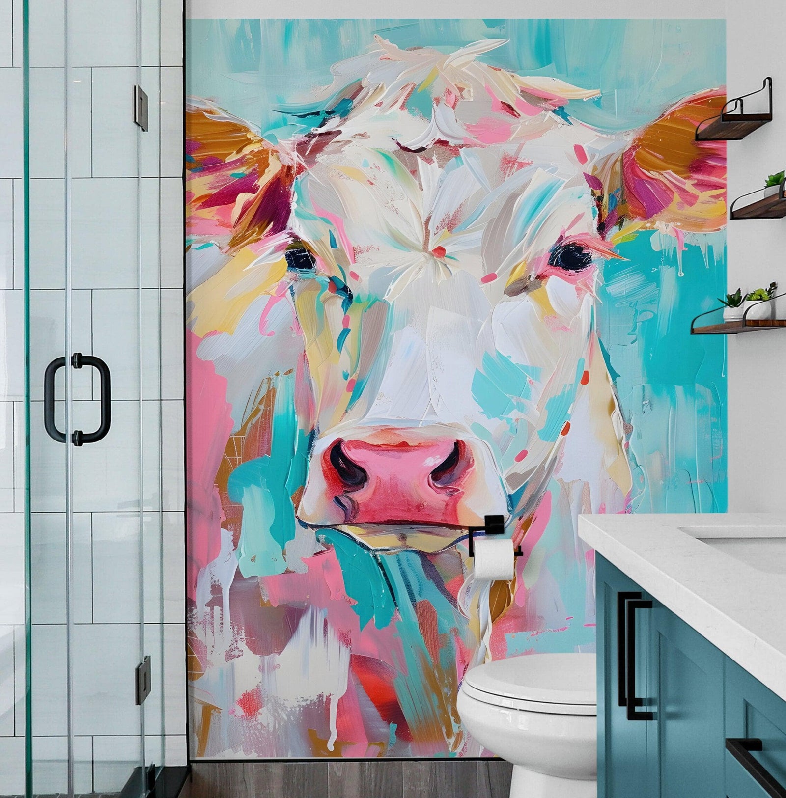 Rustic Colorful Cow Wall Mural Wallpaper. #6823