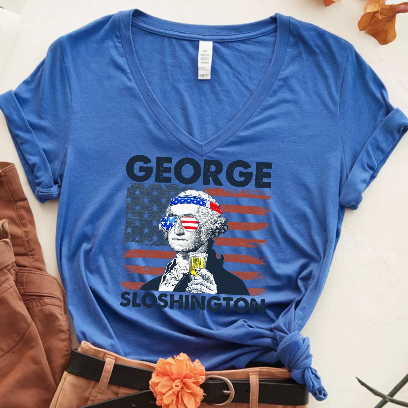 George Sloshington 4th of July Unisex V-Neck Shirt – Washington Drinking Party Tee