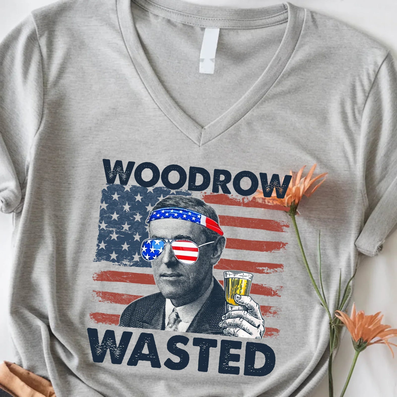 Woodrow Wasted 4th of July Unisex V-Neck Shirt – Wilson Patriotic Drinking T-Shirt