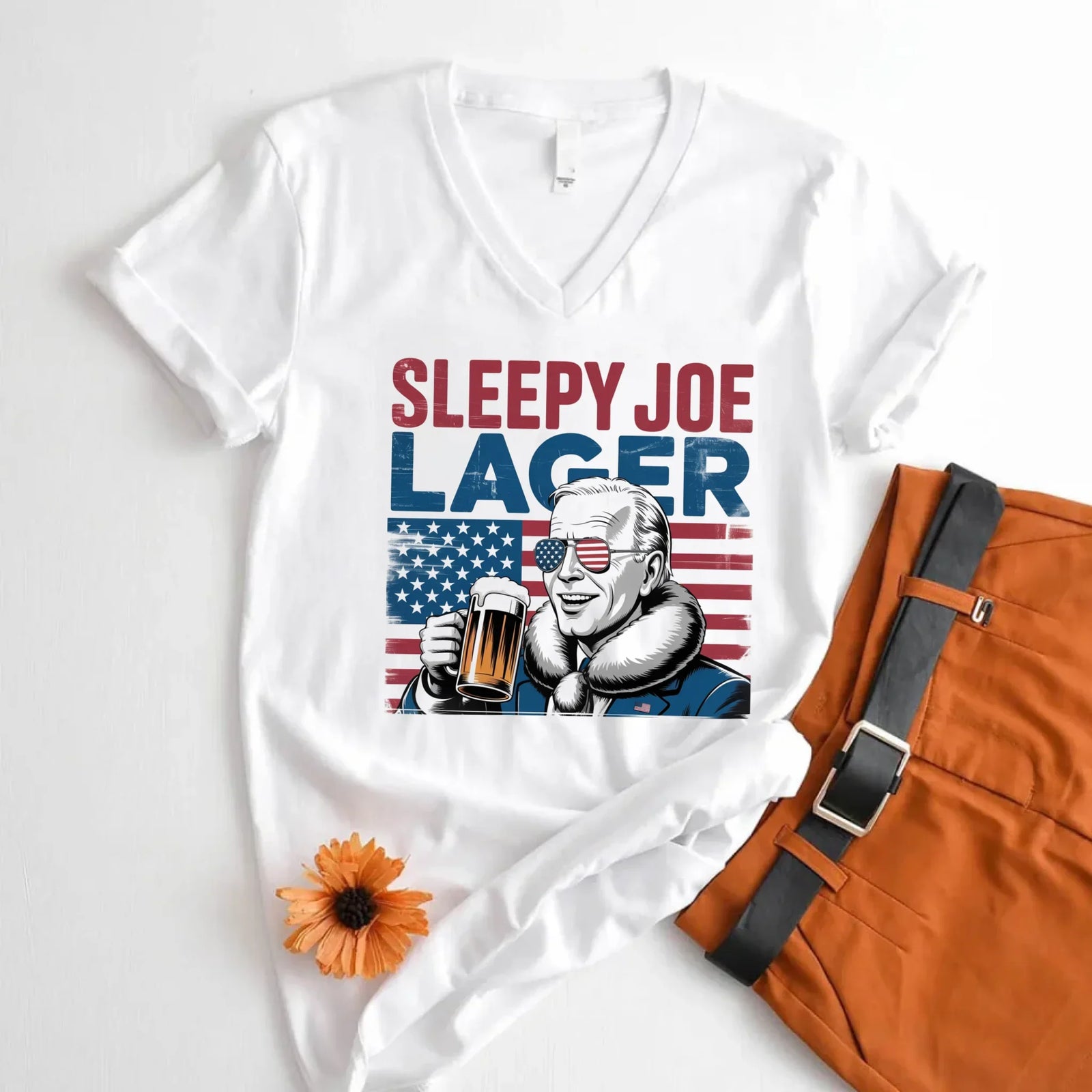 Sleepy Joe Lager V-Neck T-Shirt – Biden-Inspired Funny Beer Tee for 4th of July