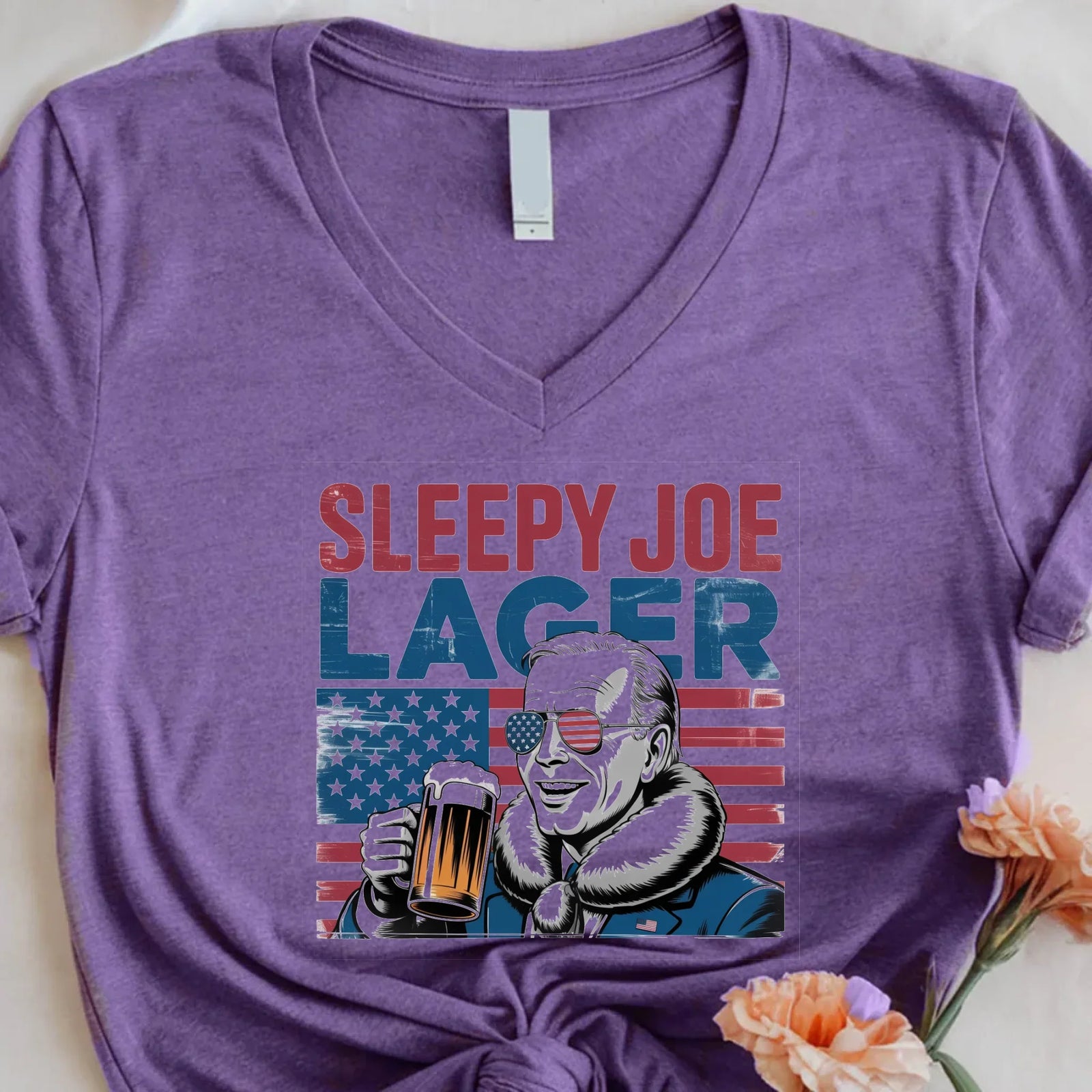 Sleepy Joe Lager V-Neck T-Shirt – Biden-Inspired Funny Beer Tee for 4th of July
