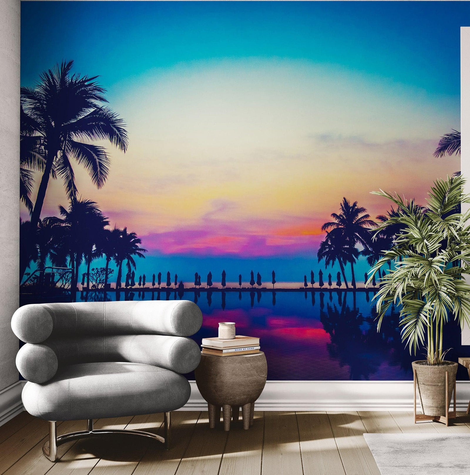 Tropical Night Wallpaper Mural – Miami Sunset Over Resort Pool & Beach. #6915