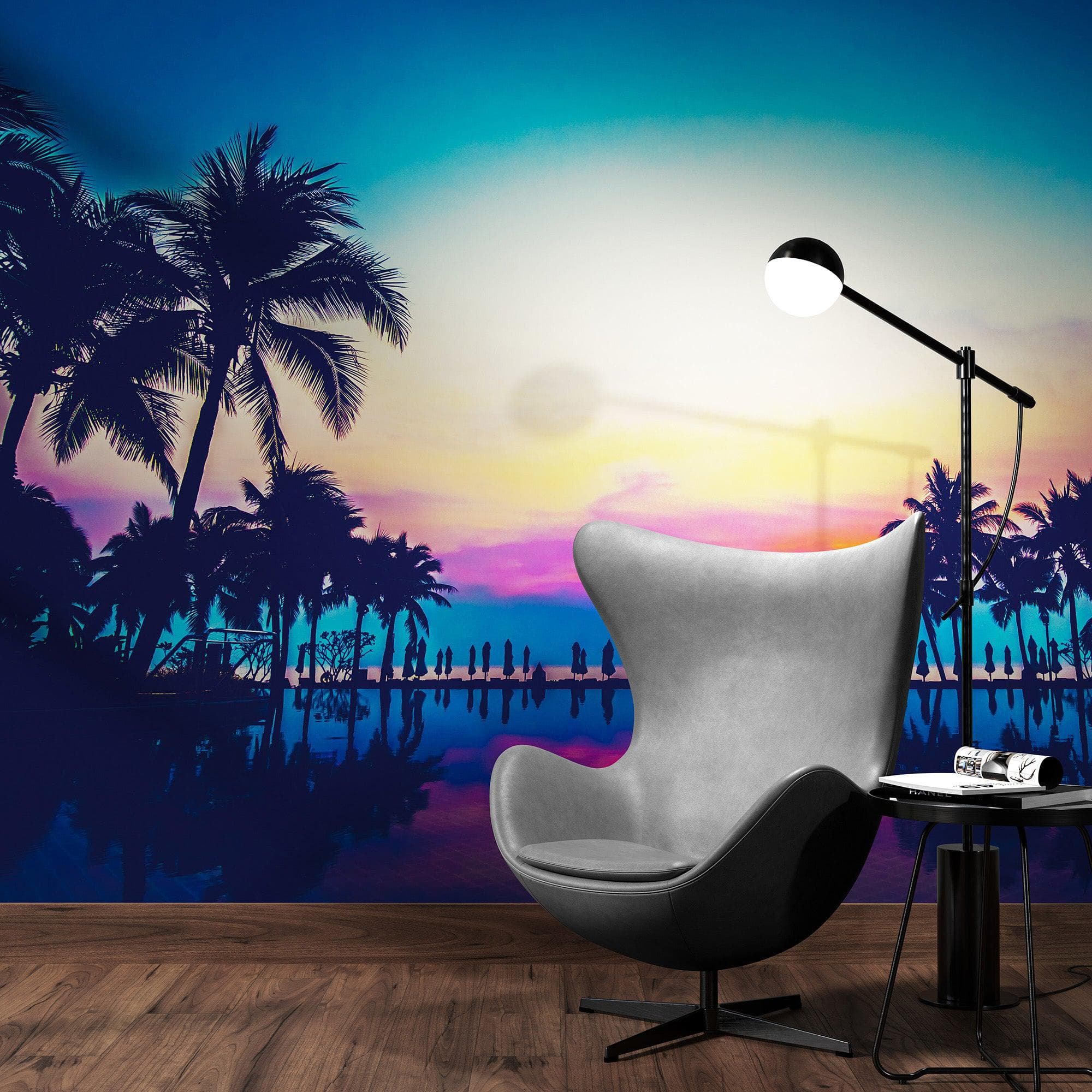 Tropical Night Wallpaper Mural – Miami Sunset Over Resort Pool & Beach. #6915