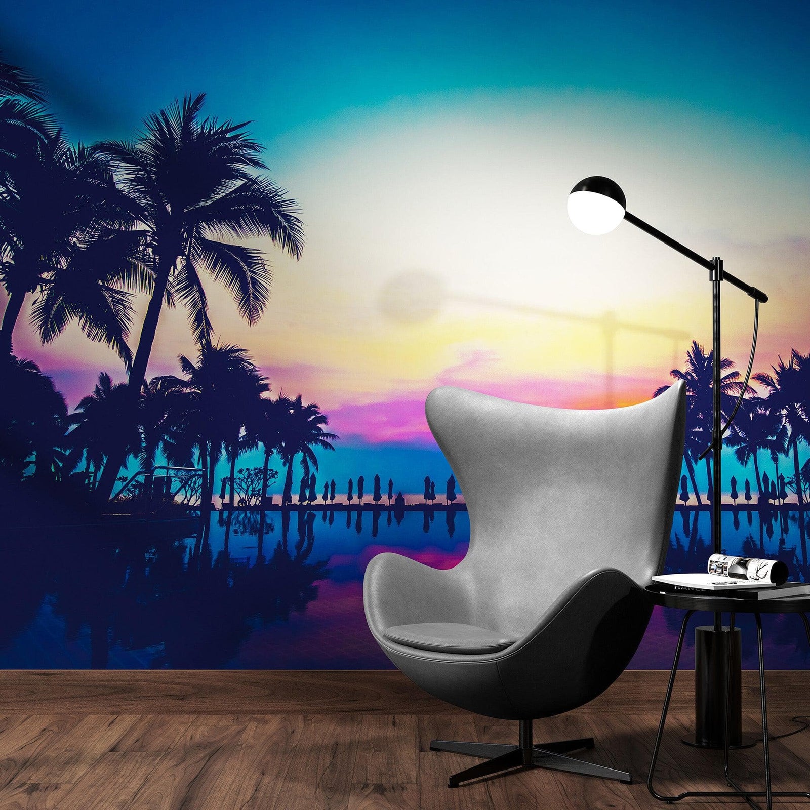 Tropical Night Wallpaper Mural – Miami Sunset Over Resort Pool & Beach. #6915
