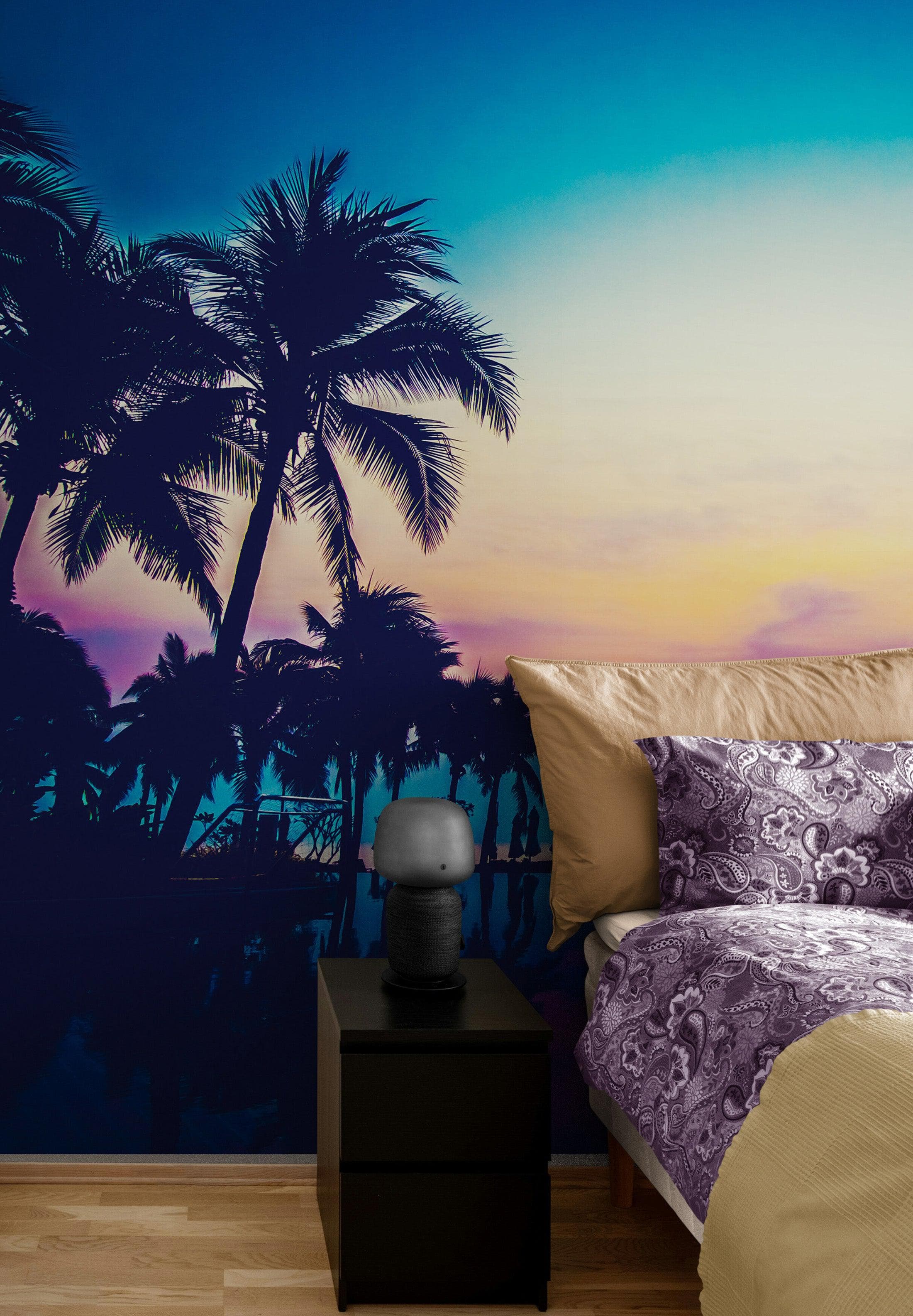 Tropical Night Wallpaper Mural – Miami Sunset Over Resort Pool & Beach. #6915