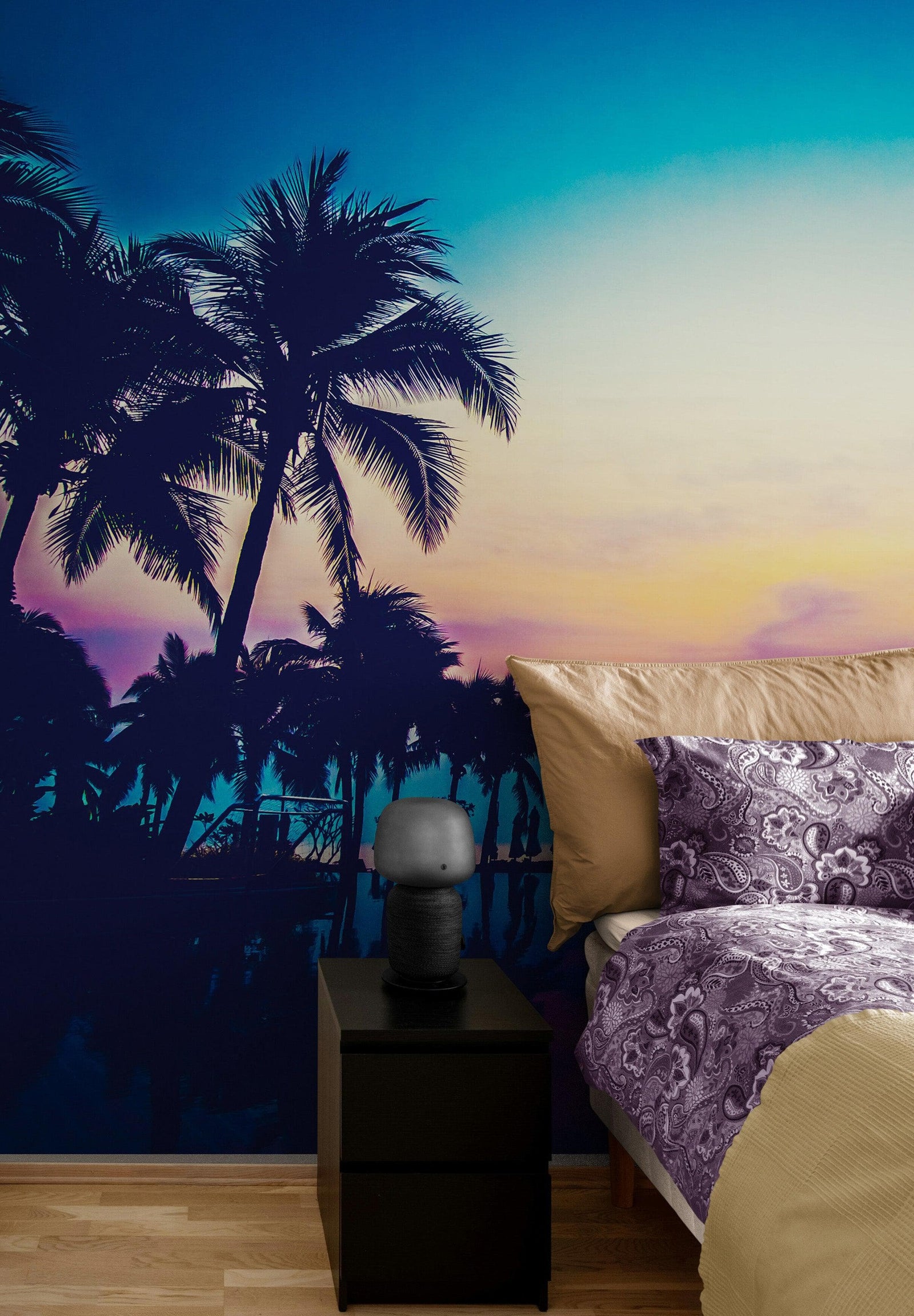 Tropical Night Wallpaper Mural – Miami Sunset Over Resort Pool & Beach. #6915