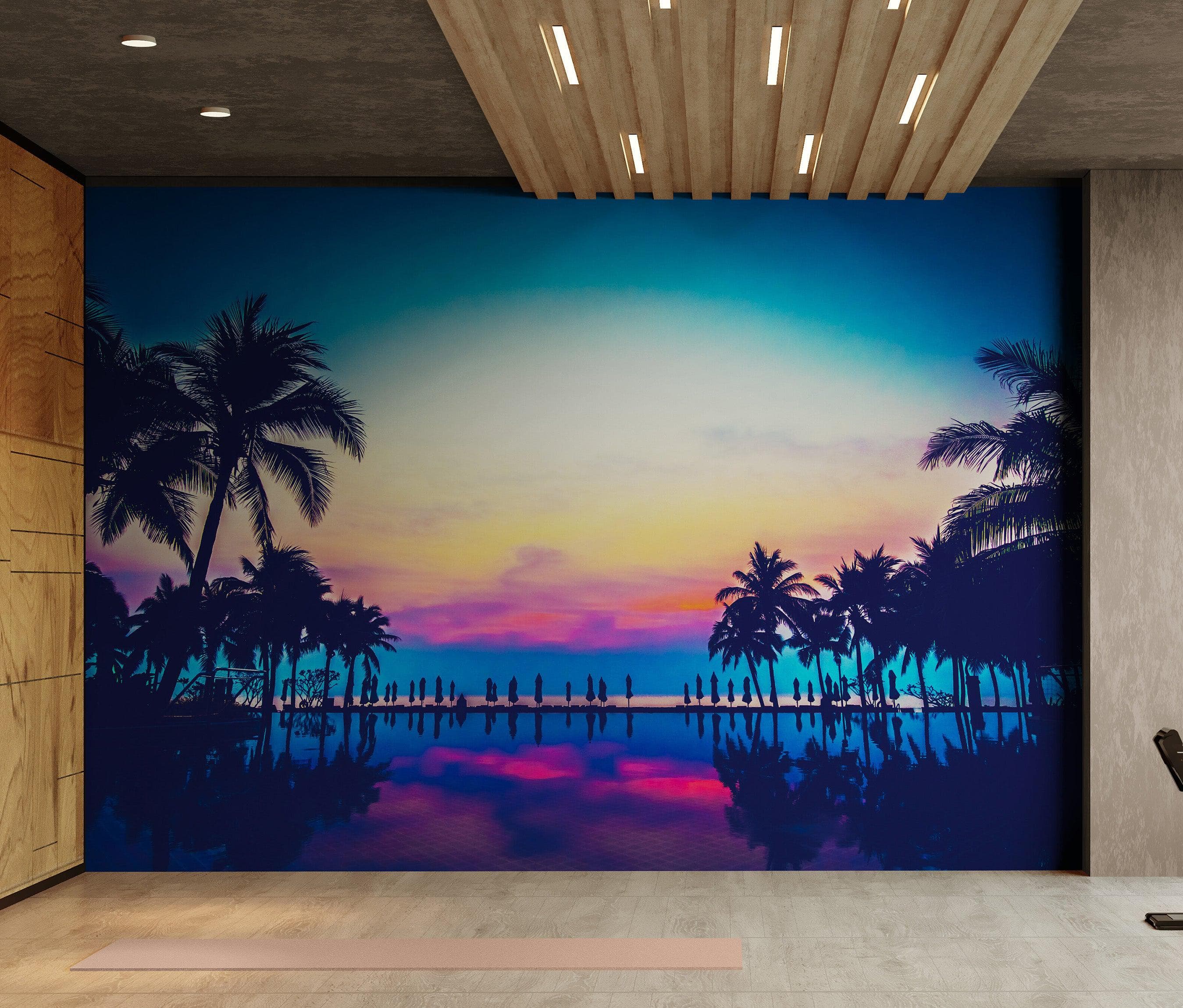 Tropical Night Wallpaper Mural – Miami Sunset Over Resort Pool & Beach. #6915