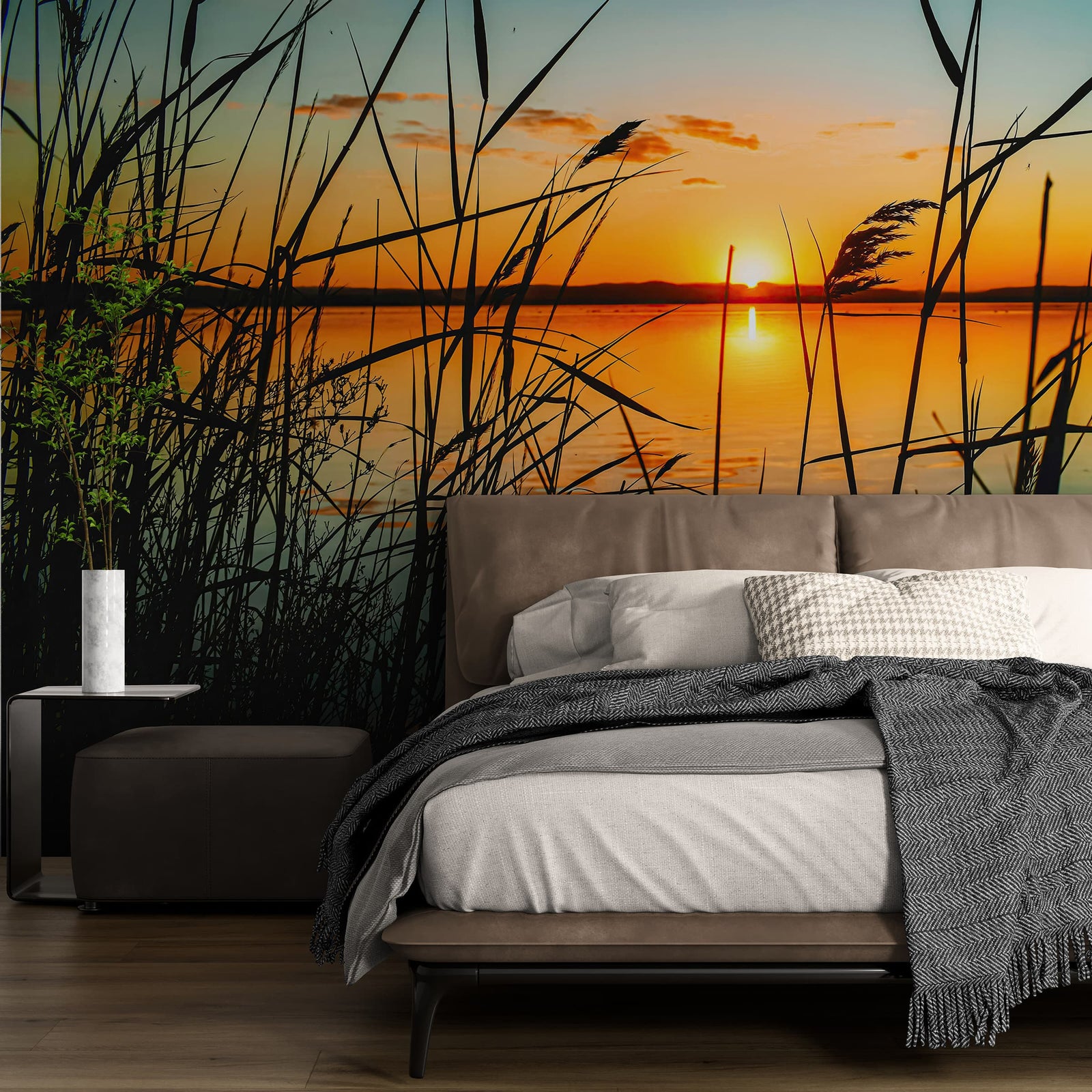 Lakeside Retreat with Sunset Over Lake Wallpaper Mural. #6920