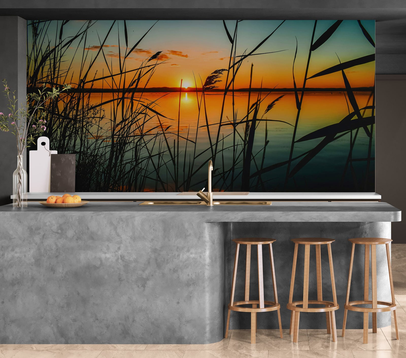 Lakeside Retreat with Sunset Over Lake Wallpaper Mural. #6920