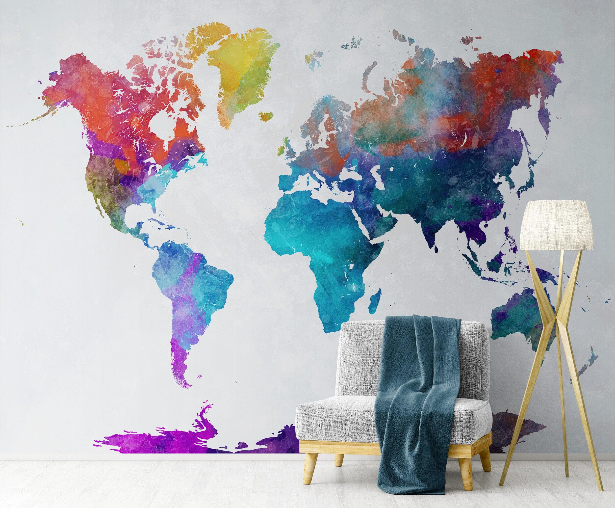 World Map Watercolor Wallpaper – Color Splash Wall Mural. #6947
