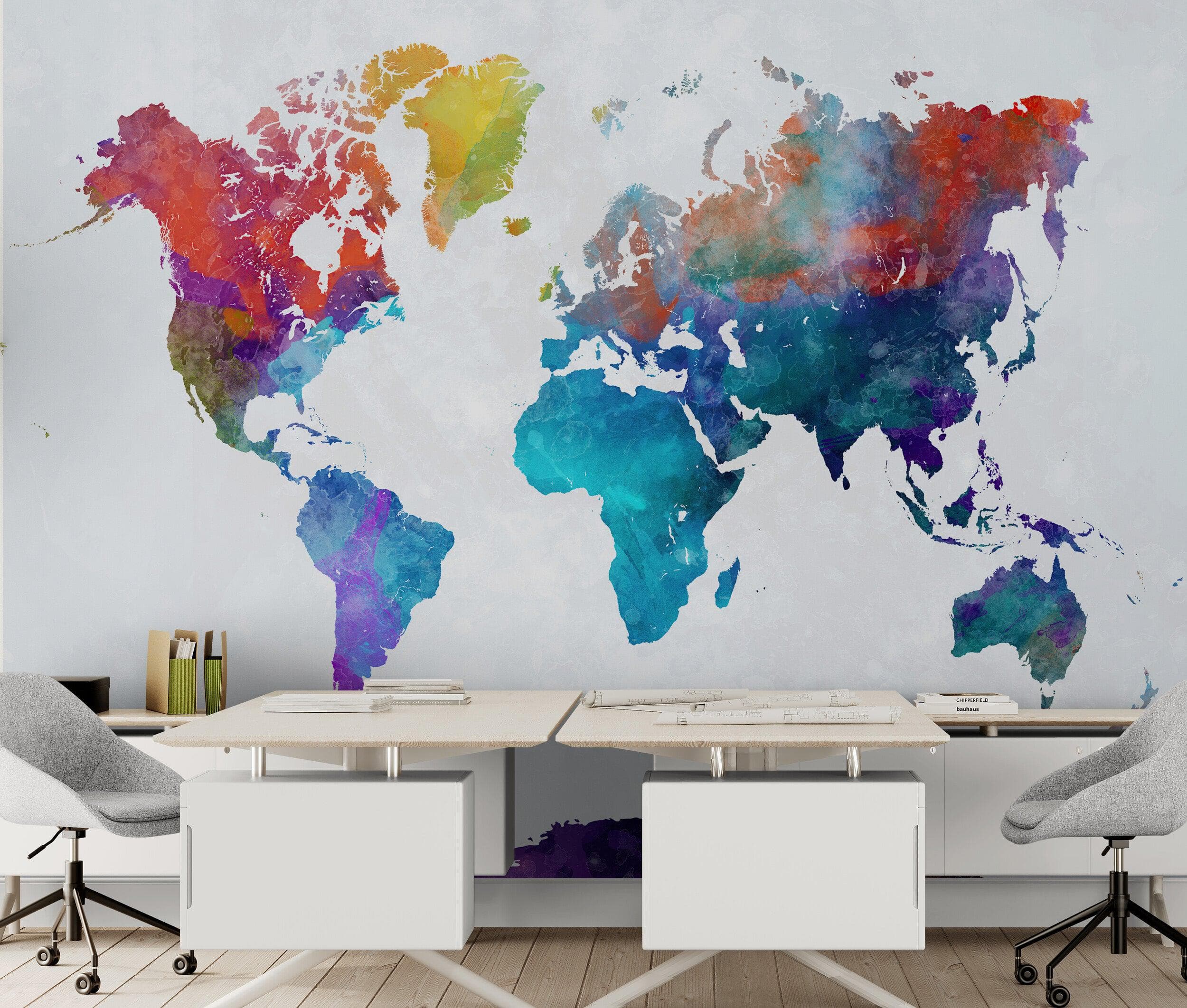 World Map Watercolor Wallpaper – Color Splash Wall Mural. #6947
