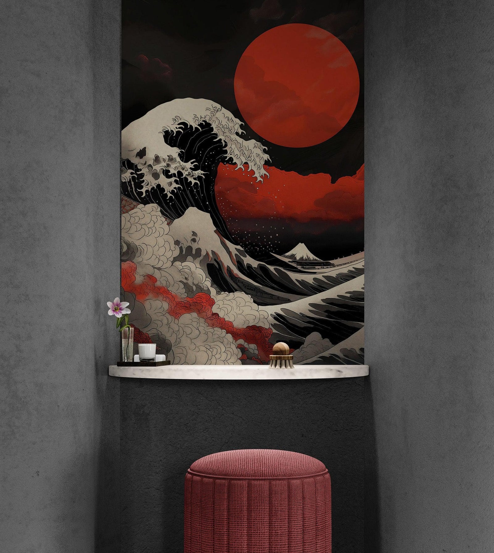 Red Great Wave off Kanagawa Wall Mural. Urban Decor. #6949