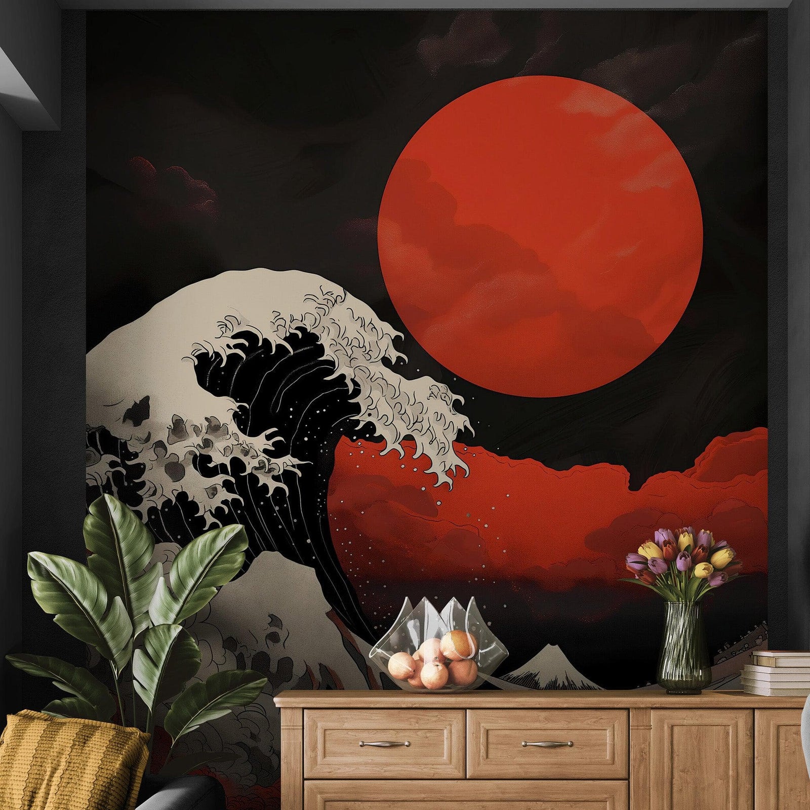 Red Great Wave off Kanagawa Wall Mural. Urban Decor. #6949
