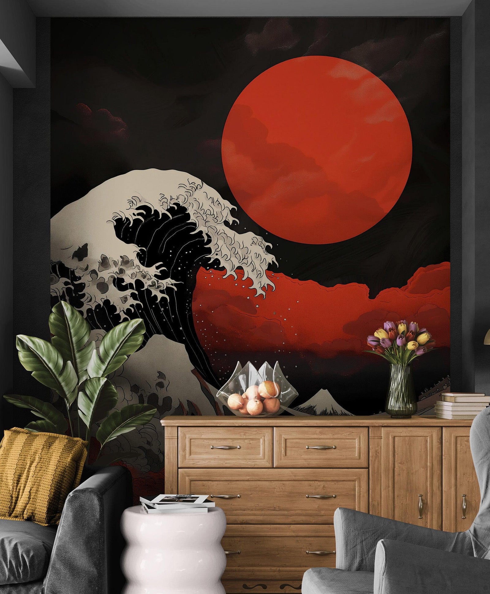 Red Great Wave off Kanagawa Wall Mural. Urban Decor. #6949