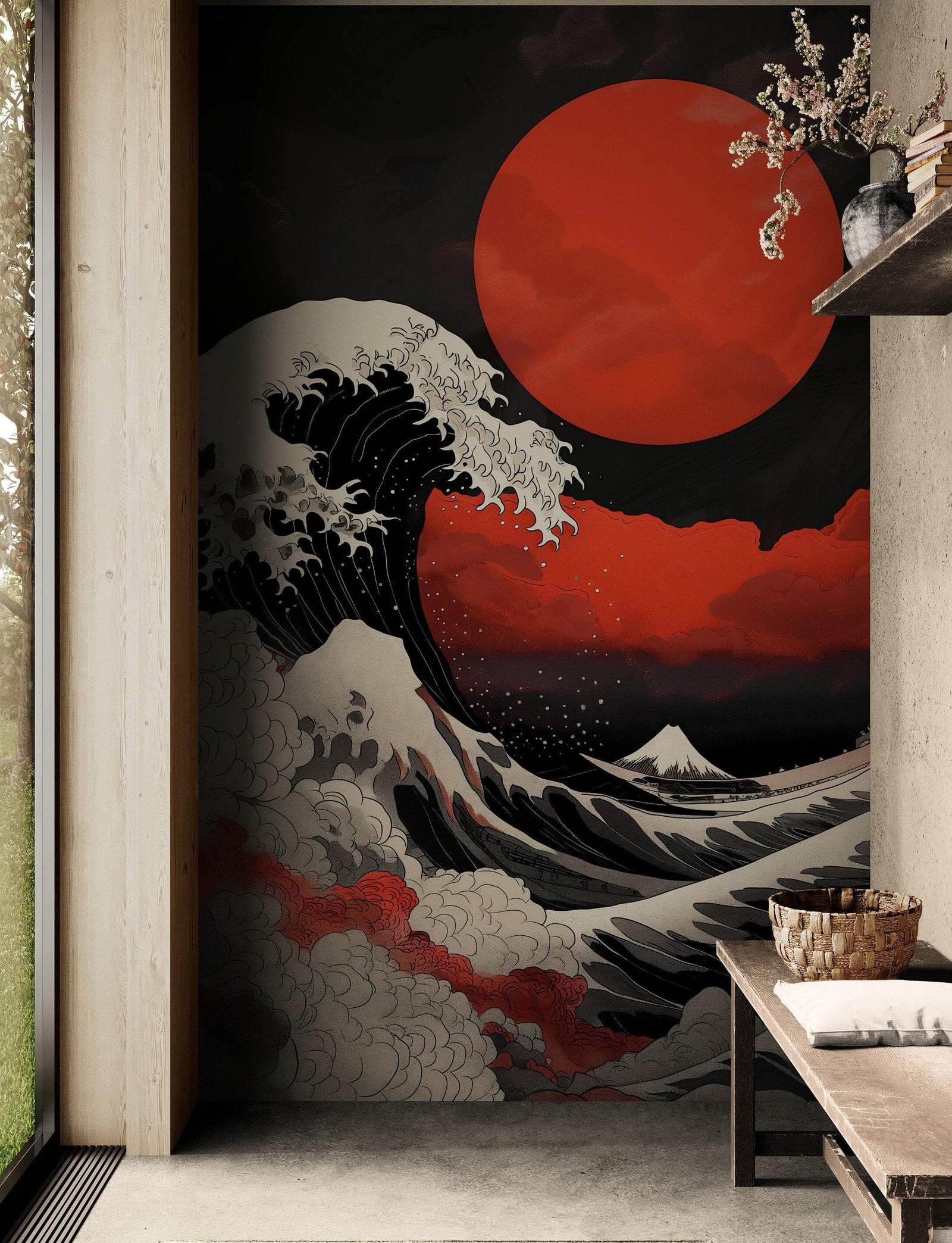 Red Great Wave off Kanagawa Wall Mural. Urban Decor. #6949