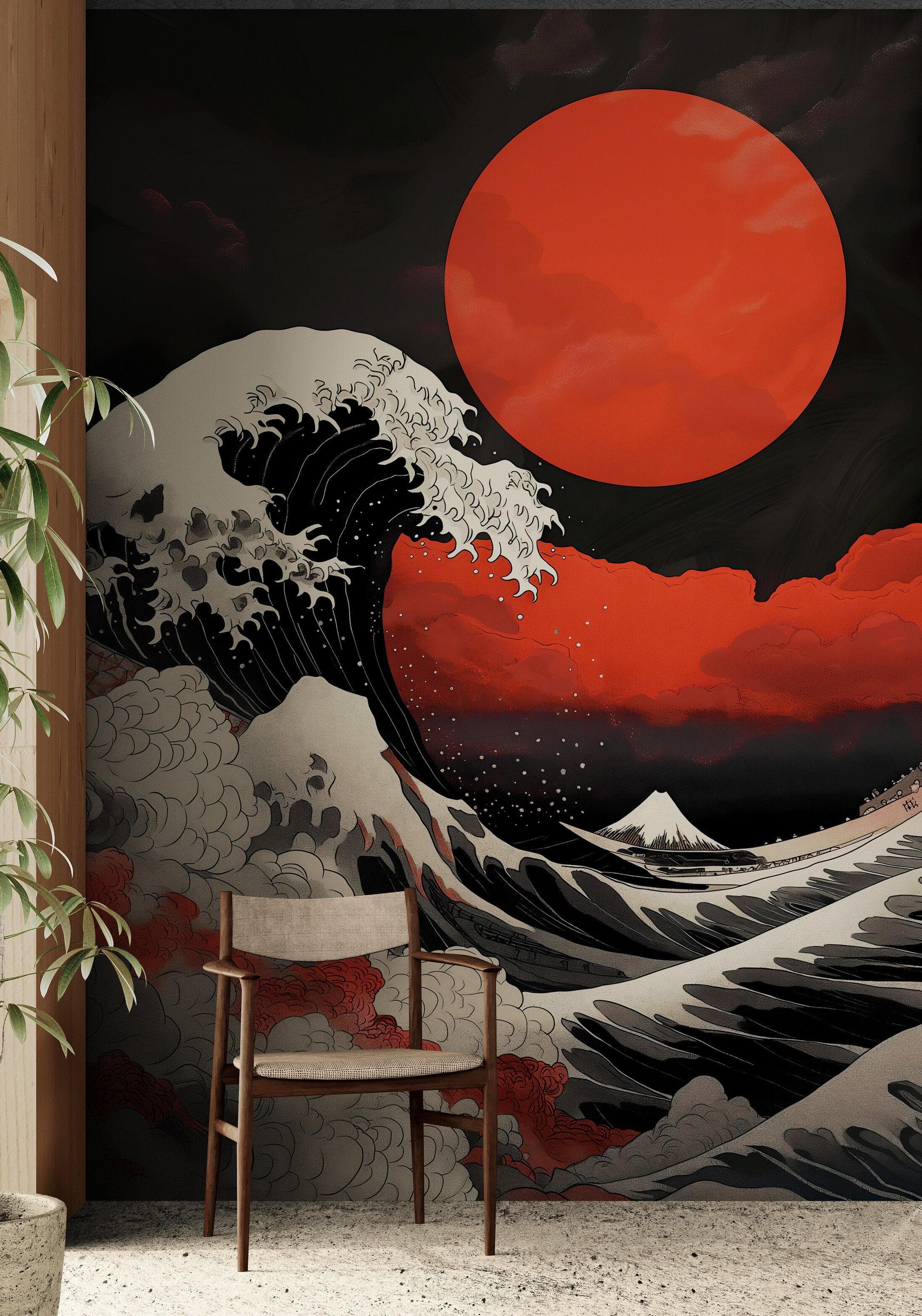 Red Great Wave off Kanagawa Wall Mural. Urban Decor. #6949