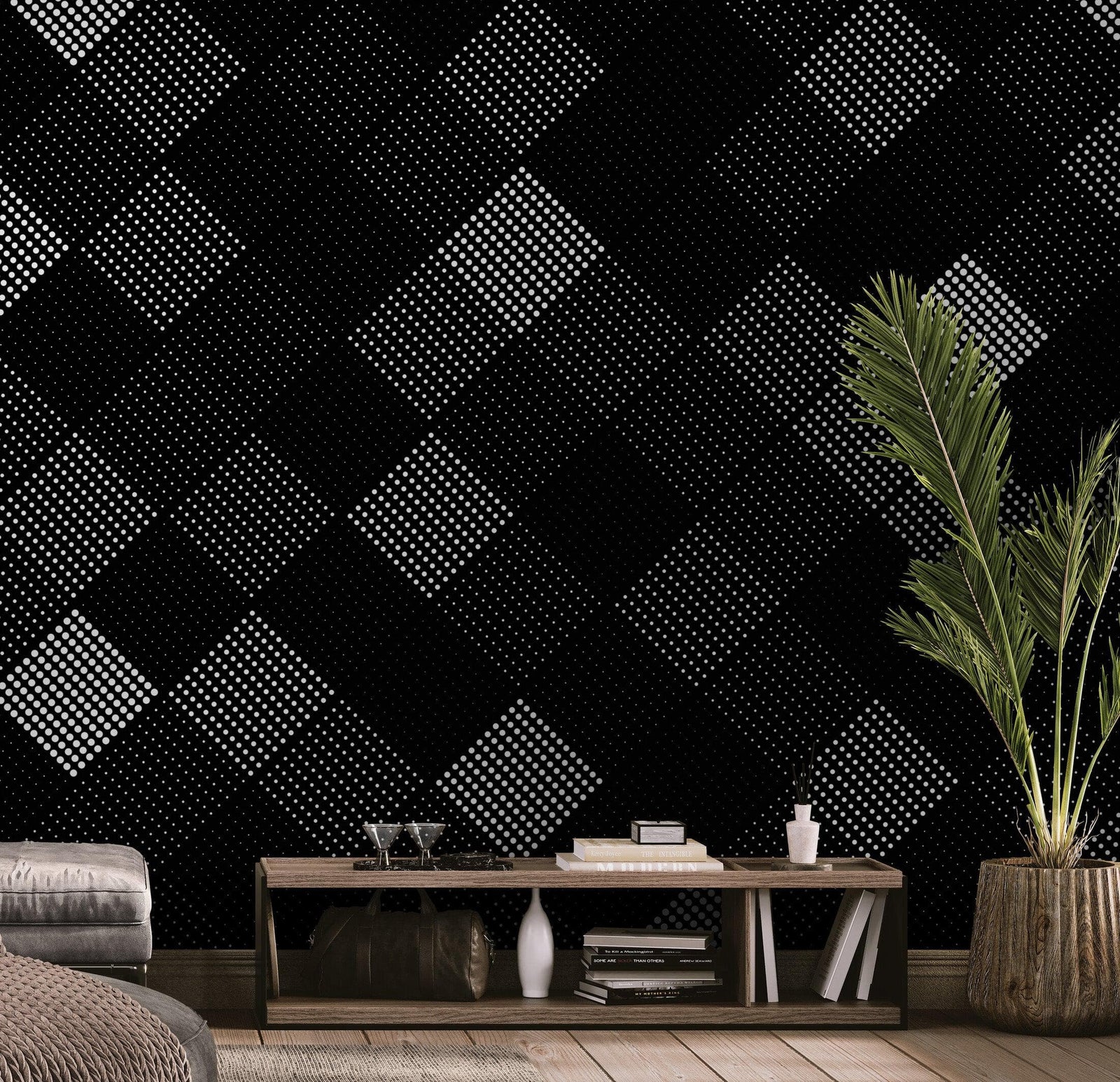 Modern Black and White Polka Dot Peel and Stick Wall Mural. #6964