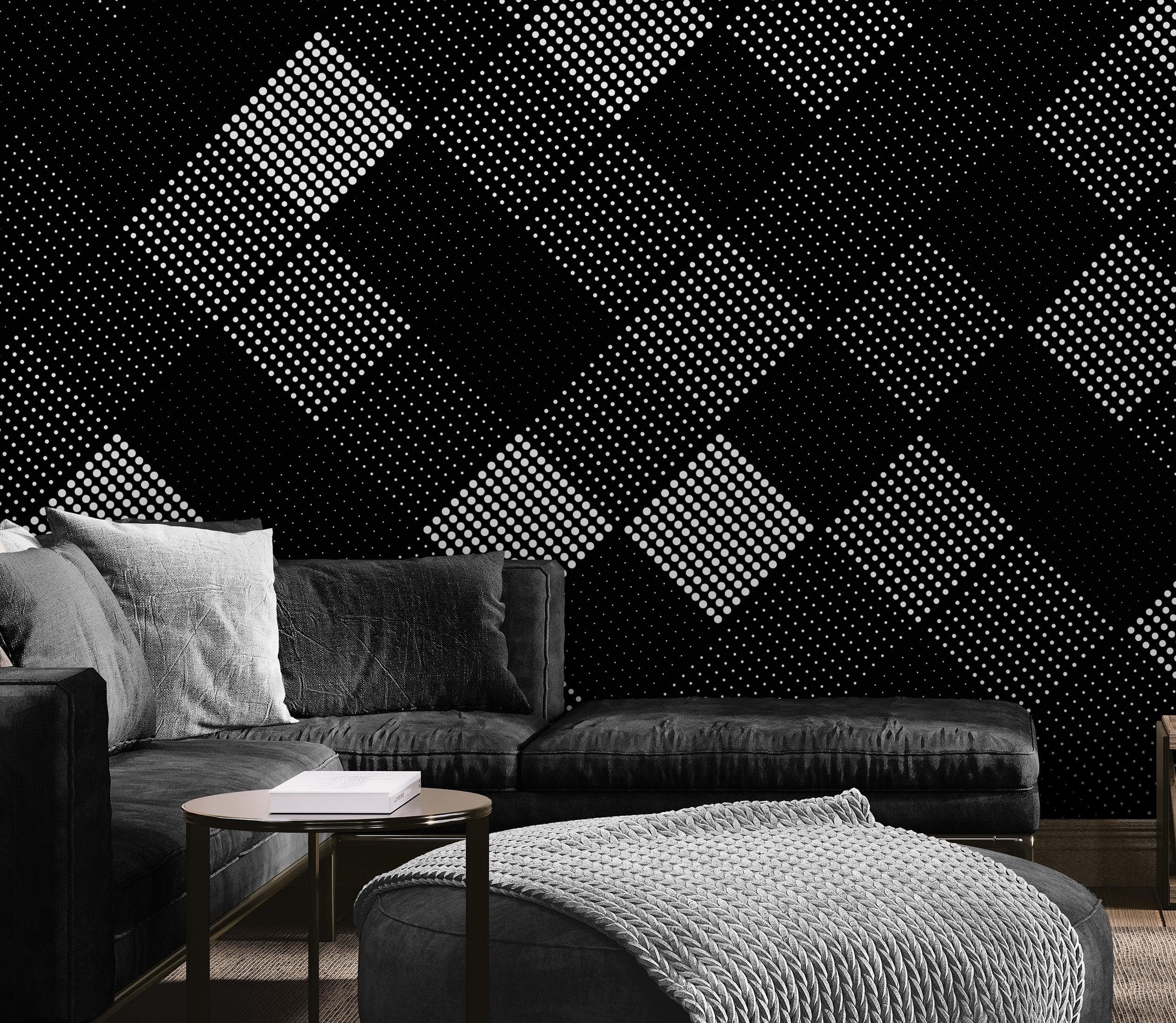 Modern Black and White Polka Dot Peel and Stick Wall Mural. #6964