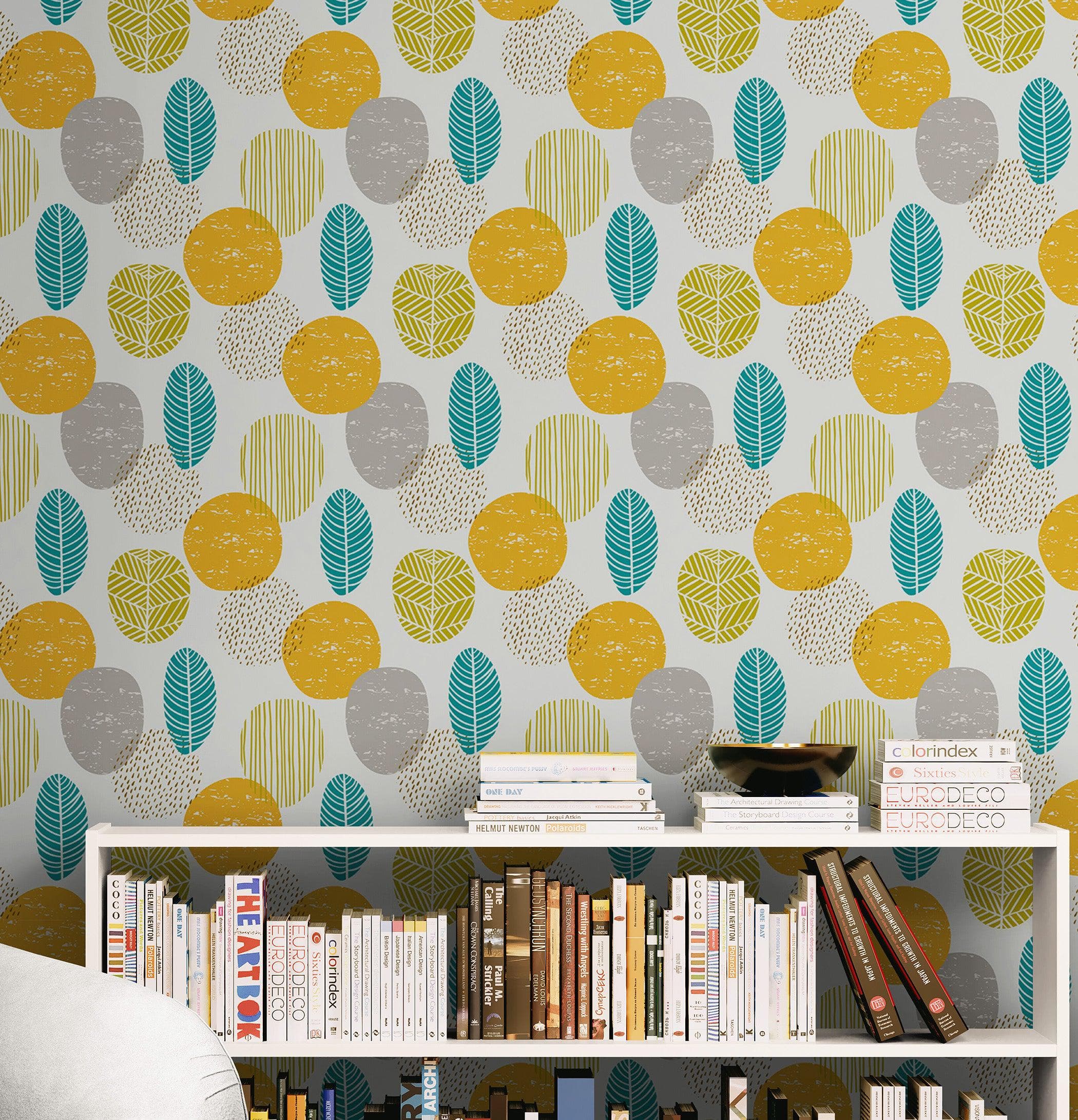 Autumn Leaves Wallpaper. Yellow, Grey, Teal Leaf Wall Mural. #6966