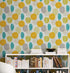 Autumn Leaves Wallpaper. Yellow, Grey, Teal Leaf Wall Mural. #6966