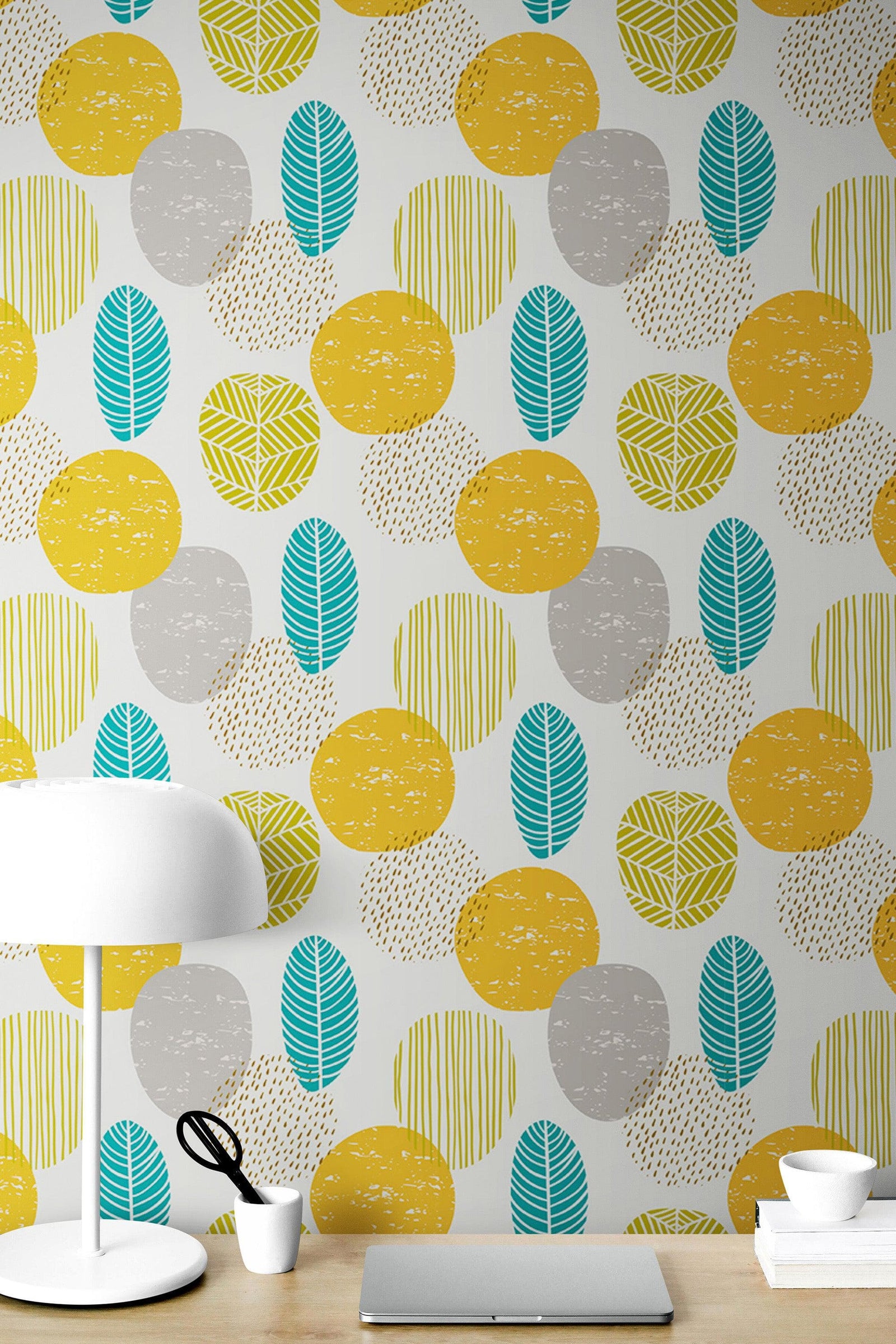 Autumn Leaves Wallpaper. Yellow, Grey, Teal Leaf Wall Mural. #6966