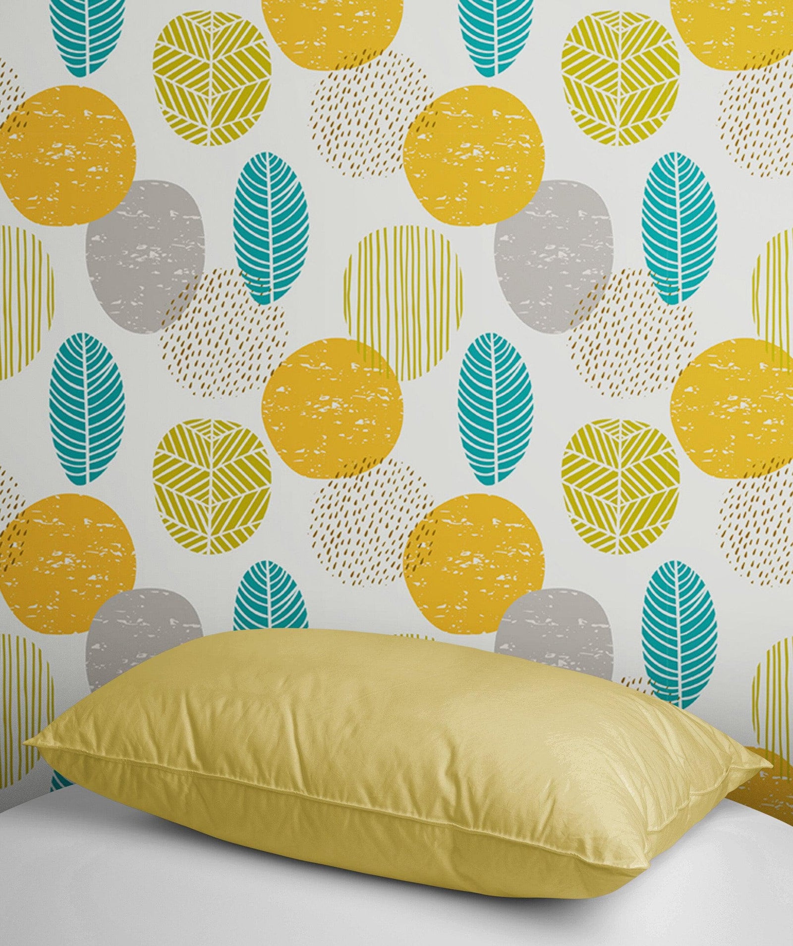 Autumn Leaves Wallpaper. Yellow, Grey, Teal Leaf Wall Mural. #6966