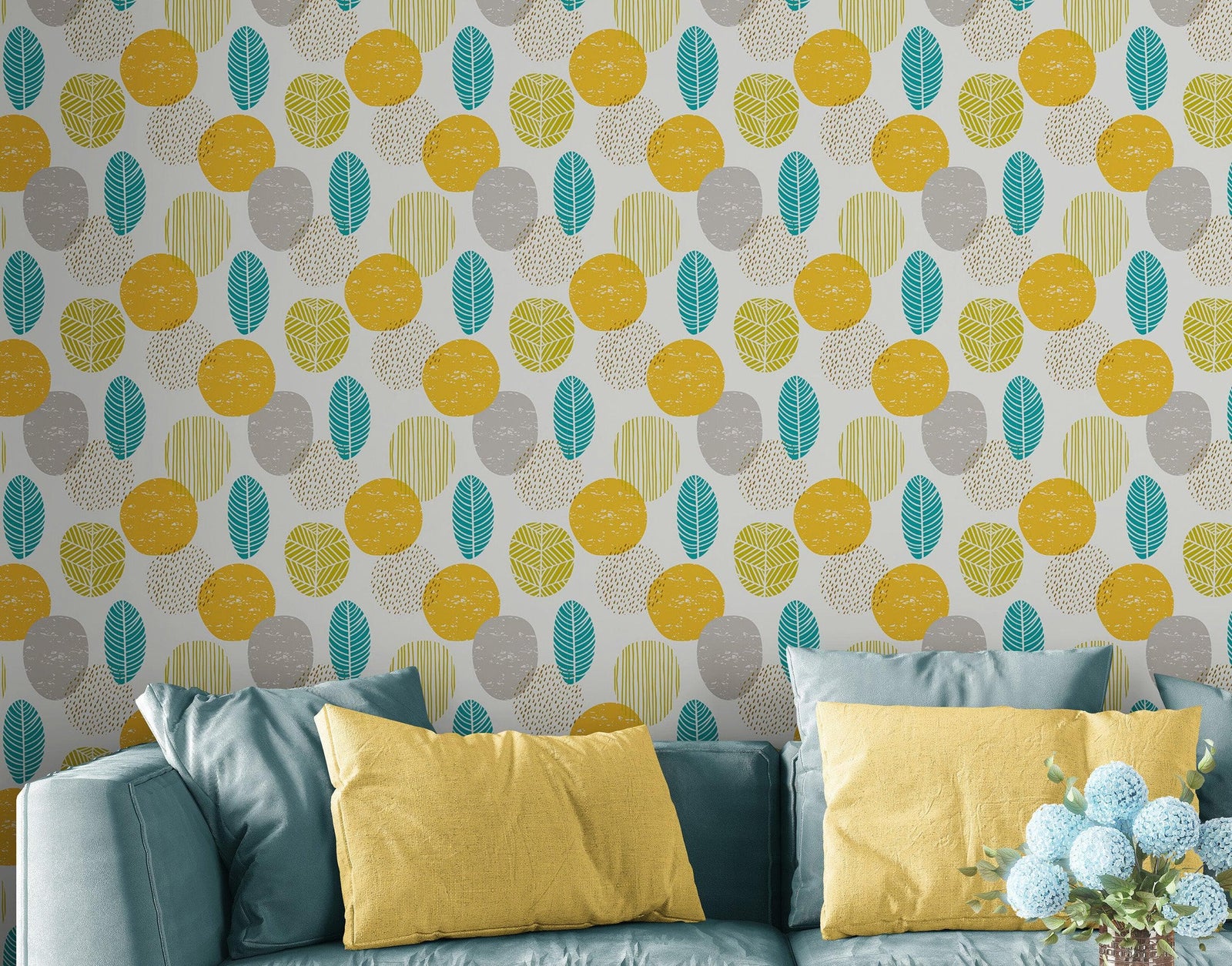 Autumn Leaves Wallpaper. Yellow, Grey, Teal Leaf Wall Mural. #6966