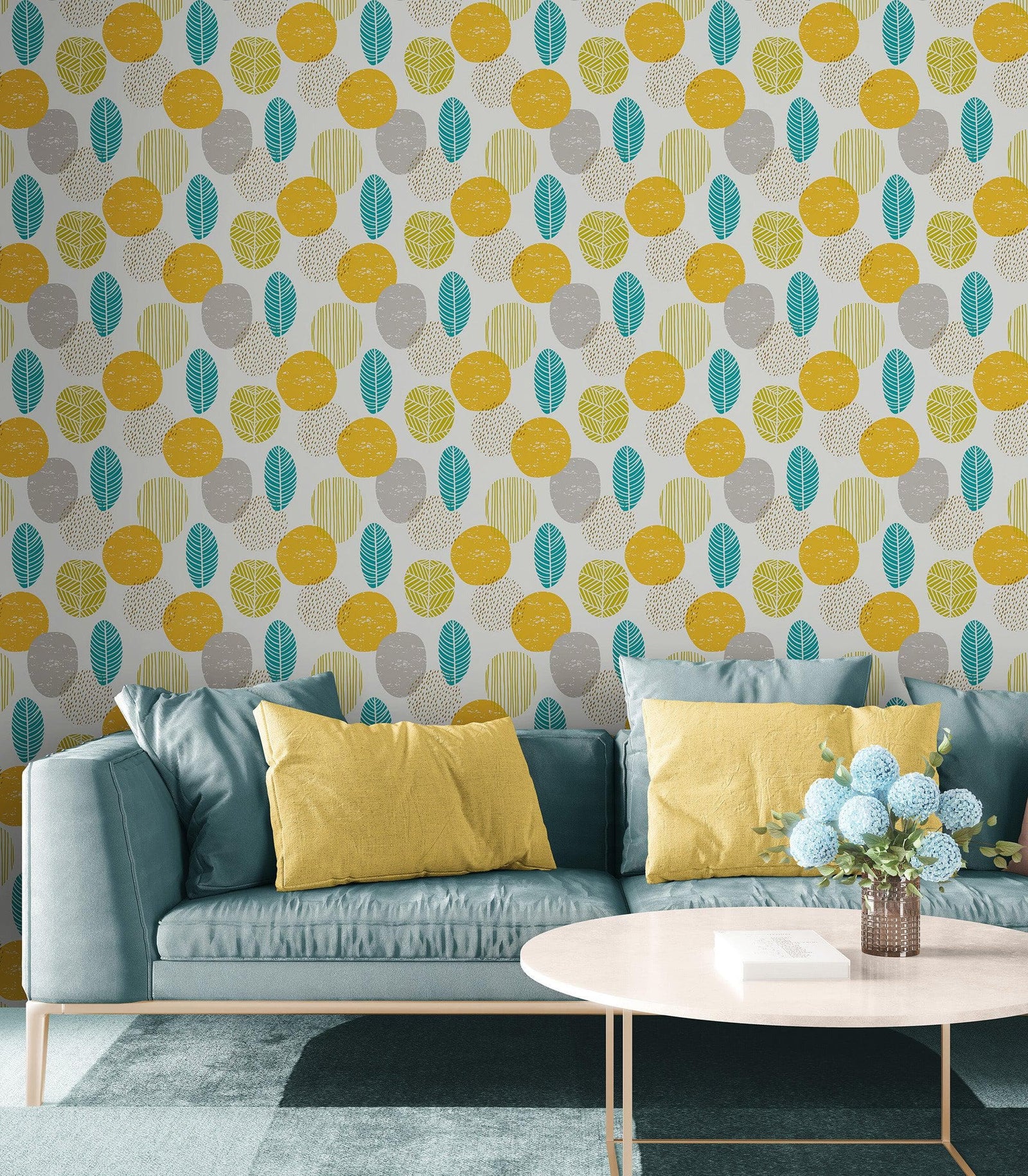 Autumn Leaves Wallpaper. Yellow, Grey, Teal Leaf Wall Mural. #6966