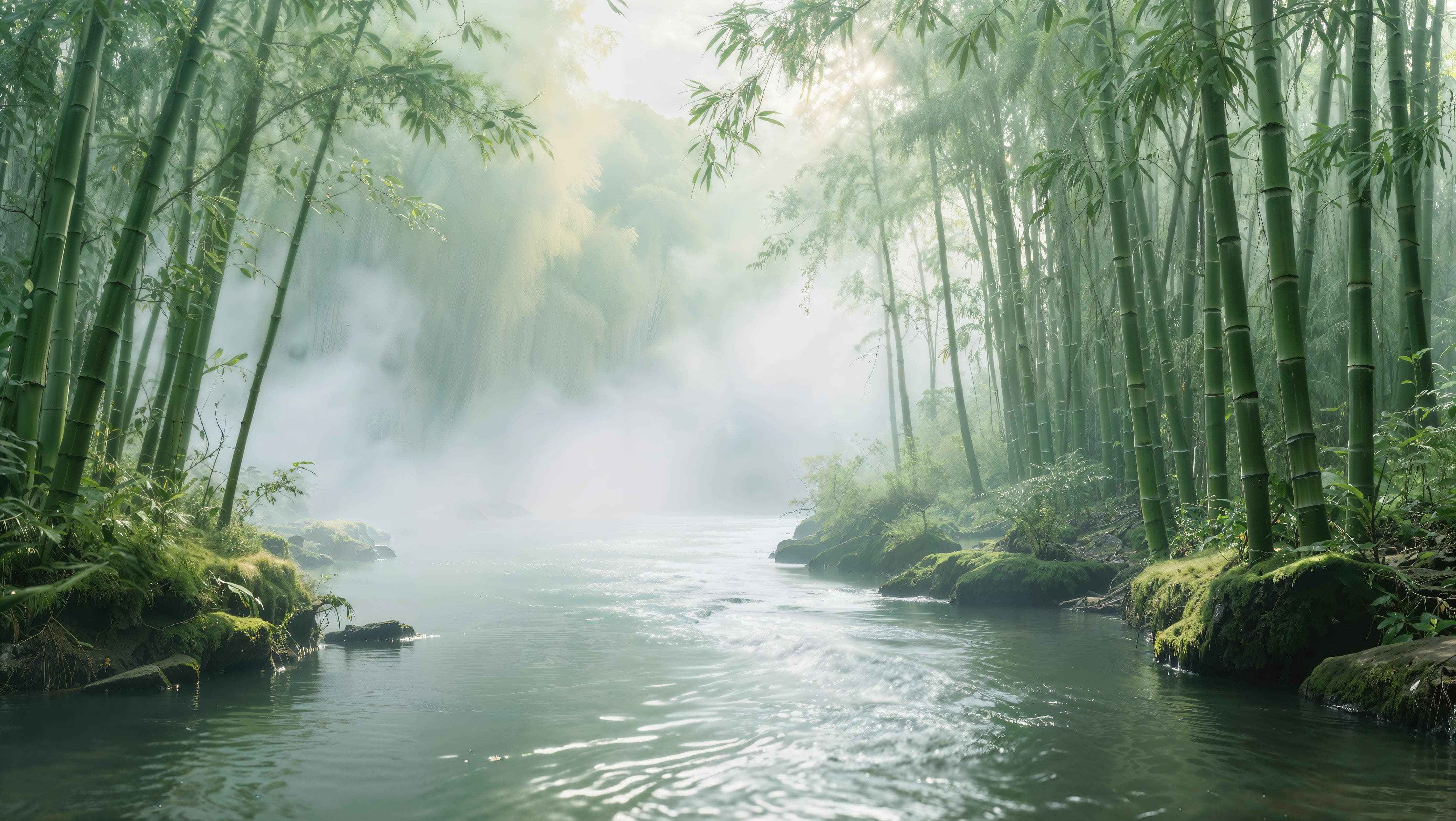 Foggy Bamboo Forest River Wallpaper Mural. #6986