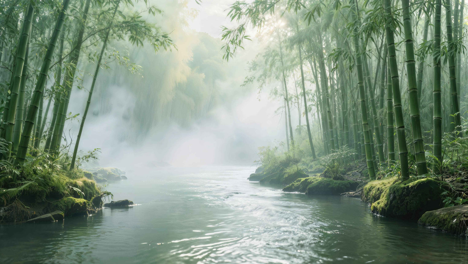 Foggy Bamboo Forest River Wallpaper Mural. #6986