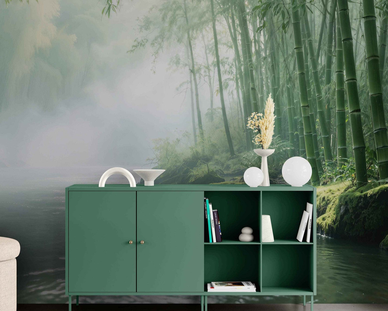 Foggy Bamboo Forest River Wallpaper Mural. #6986