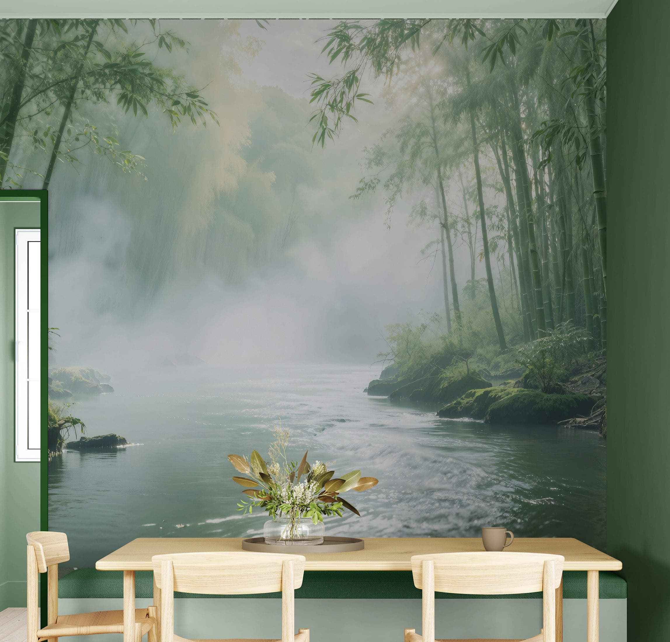 Foggy Bamboo Forest River Wallpaper Mural. #6986