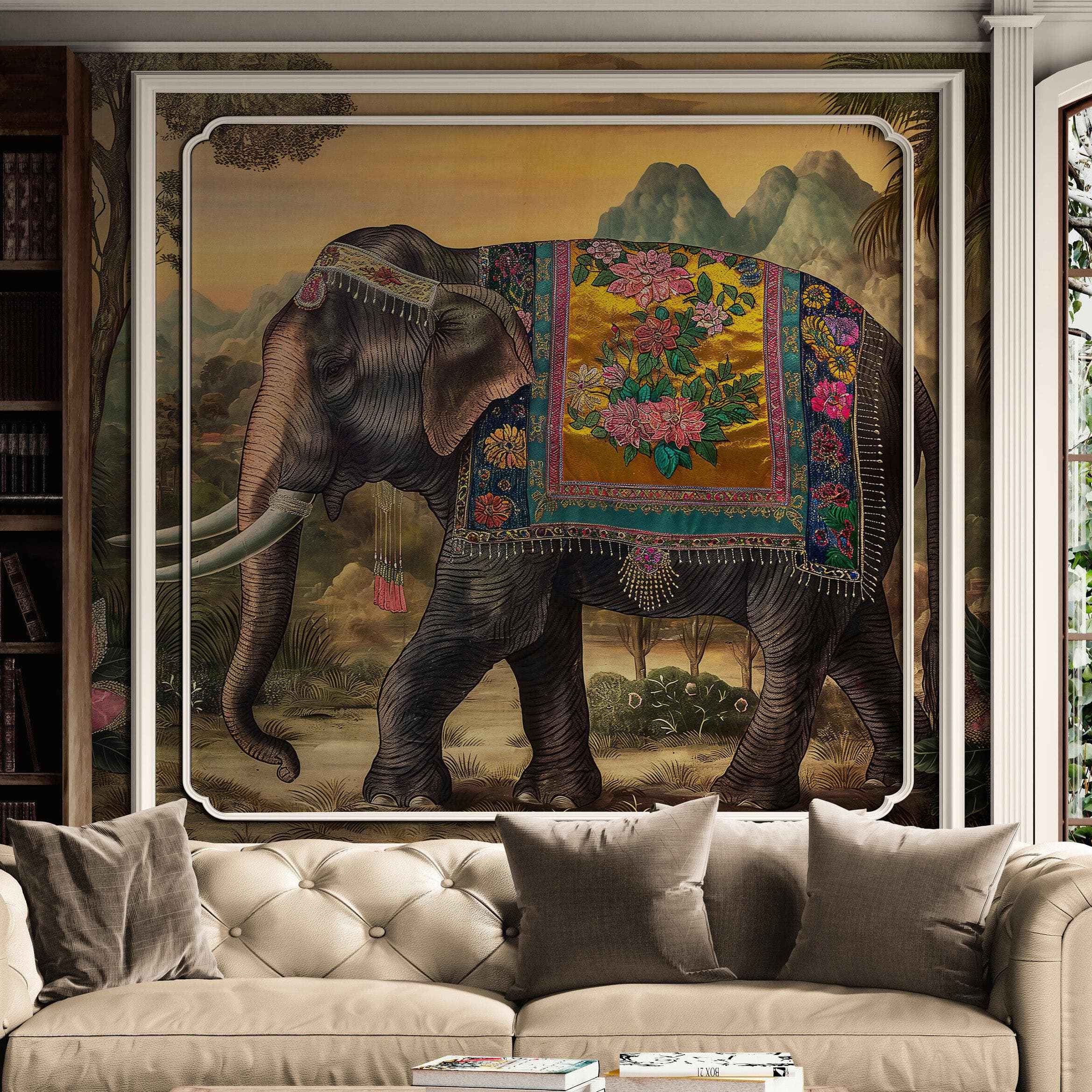 Decorative Indian Elephant Wallpaper Mural. Vintage Indian Wedding Theme. #6989
