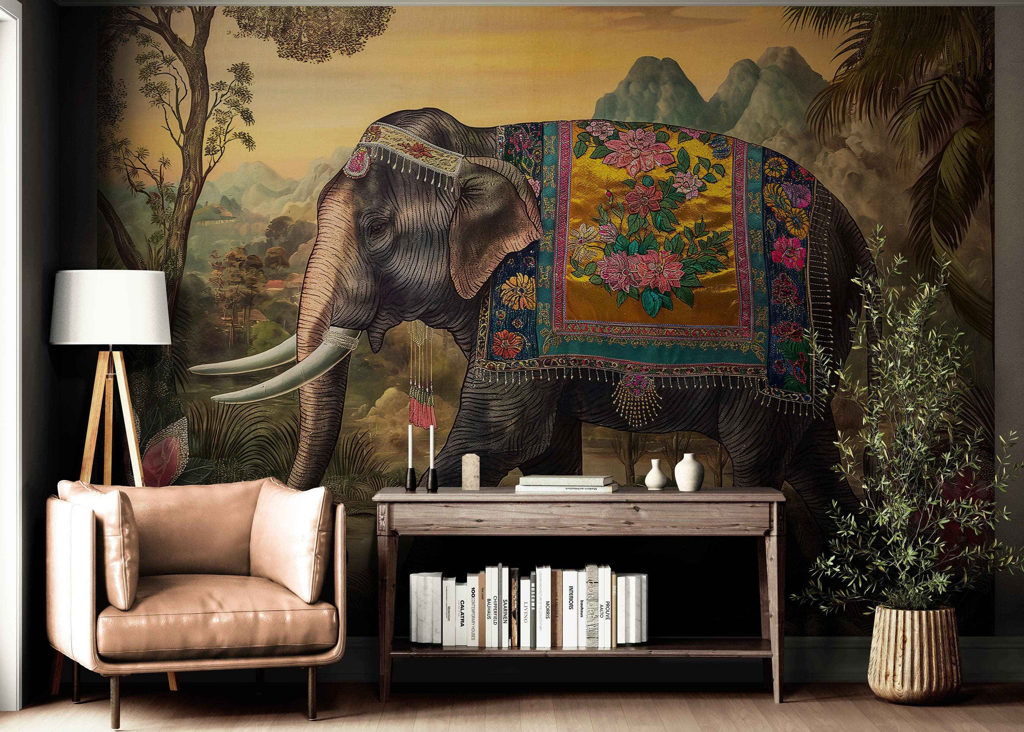 Decorative Indian Elephant Wallpaper Mural. Vintage Indian Wedding Theme. #6989