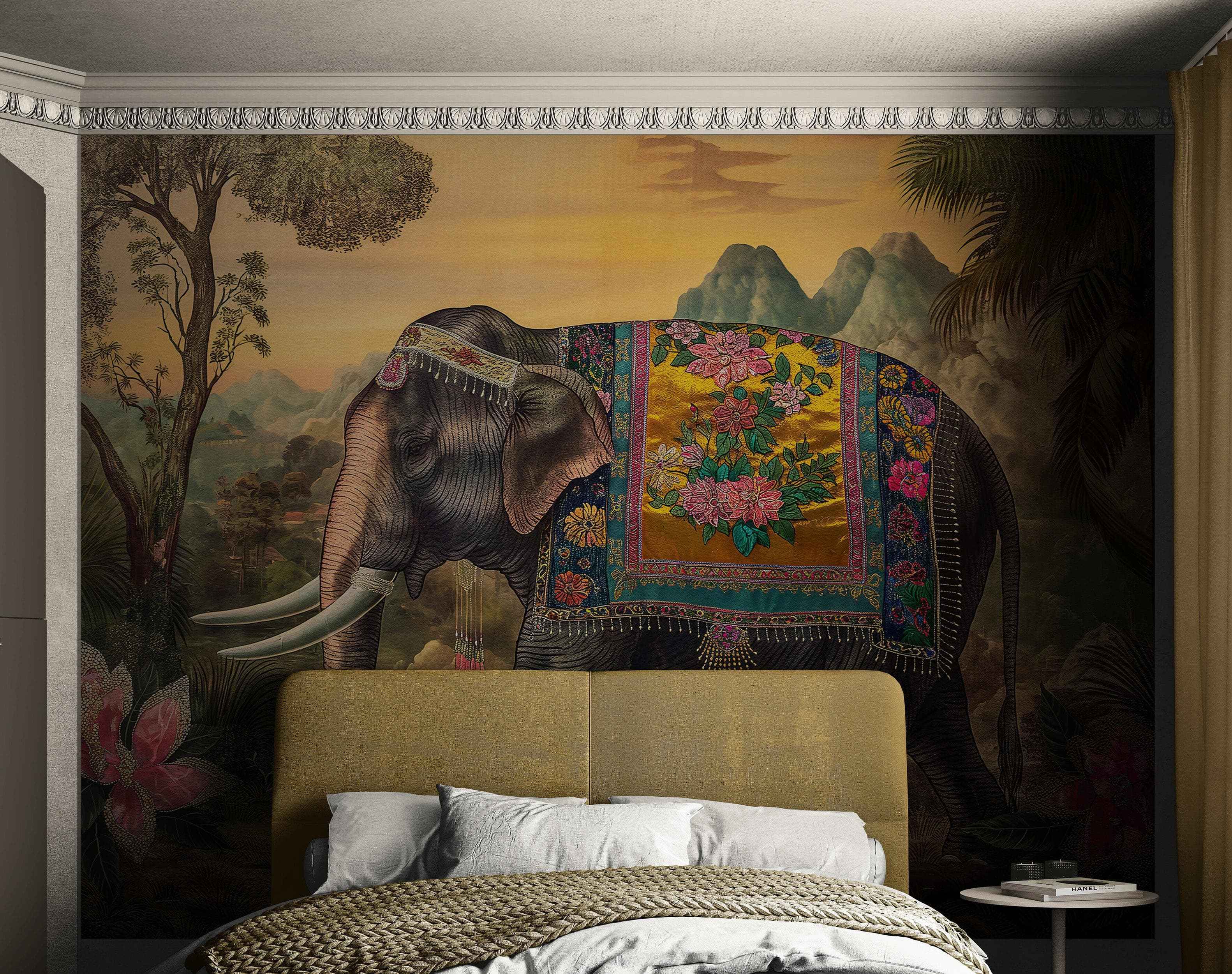 Decorative Indian Elephant Wallpaper Mural. Vintage Indian Wedding Theme. #6989