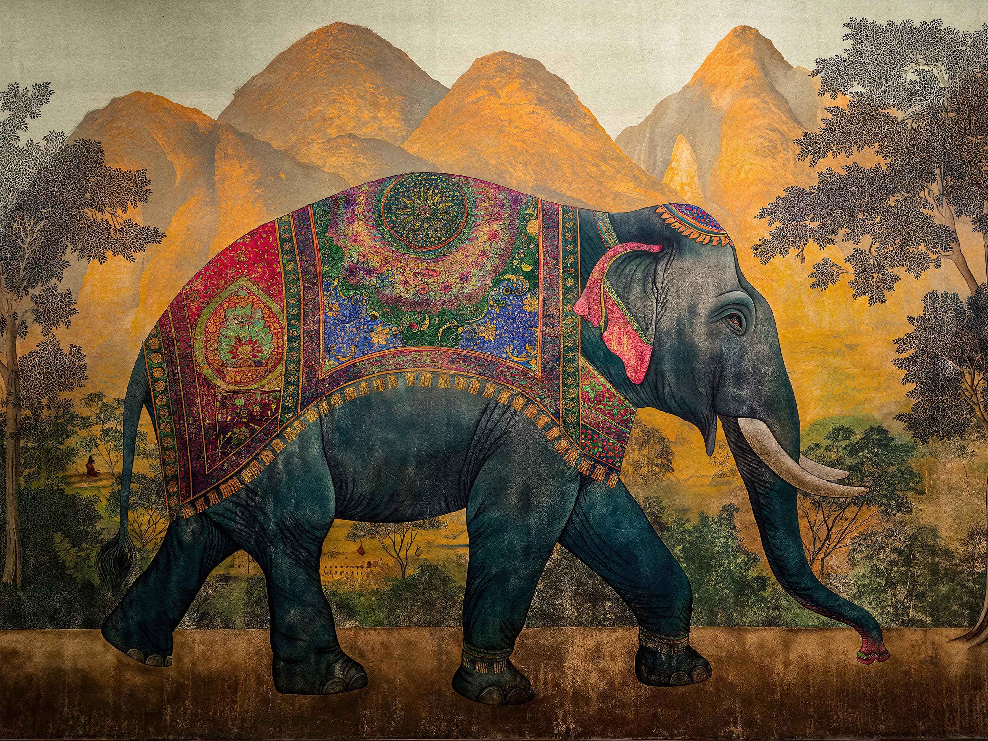 Vintage Decorated Indian Elephant Wallpaper Mural. #6990