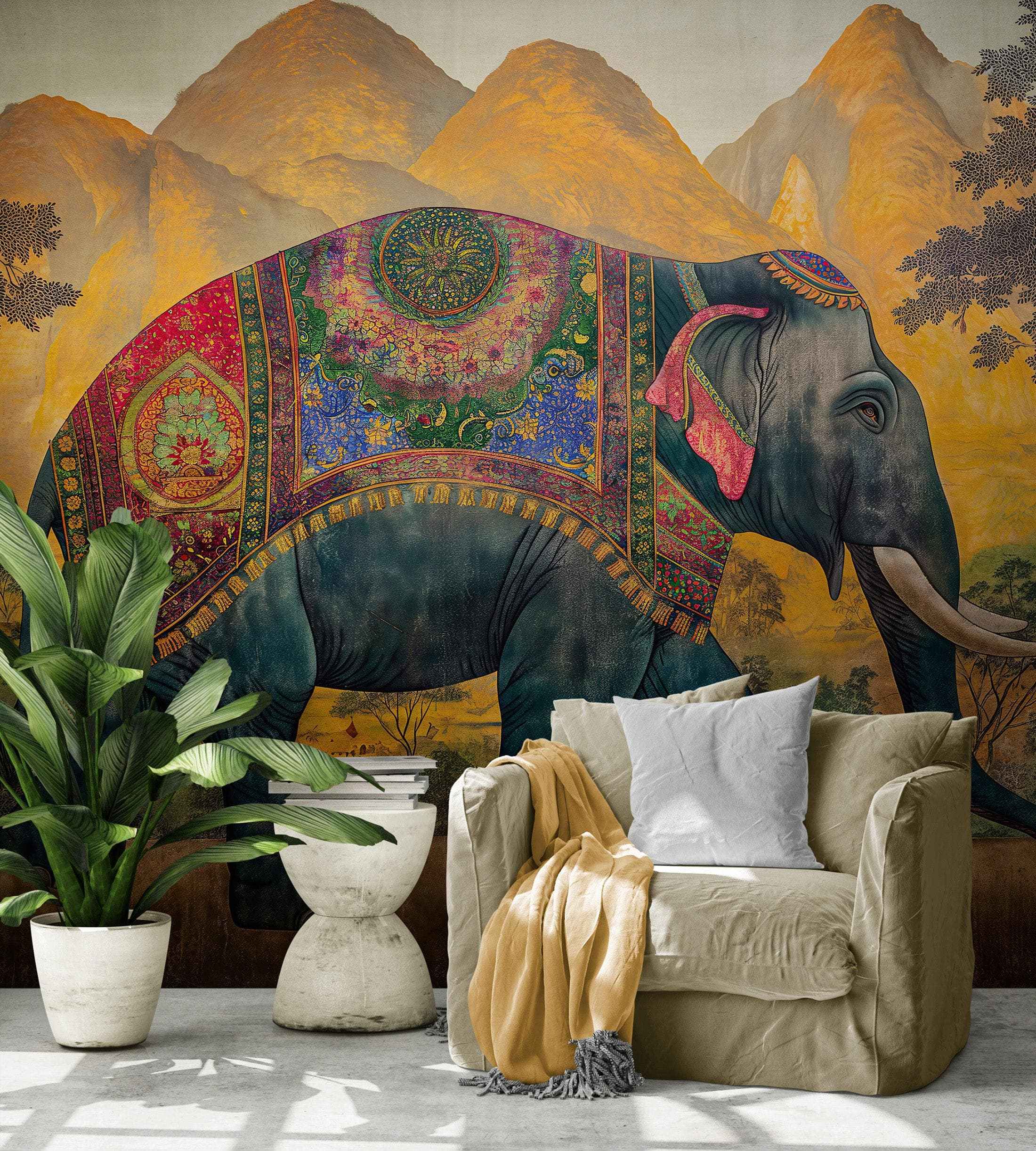 Vintage Decorated Indian Elephant Wallpaper Mural. #6990