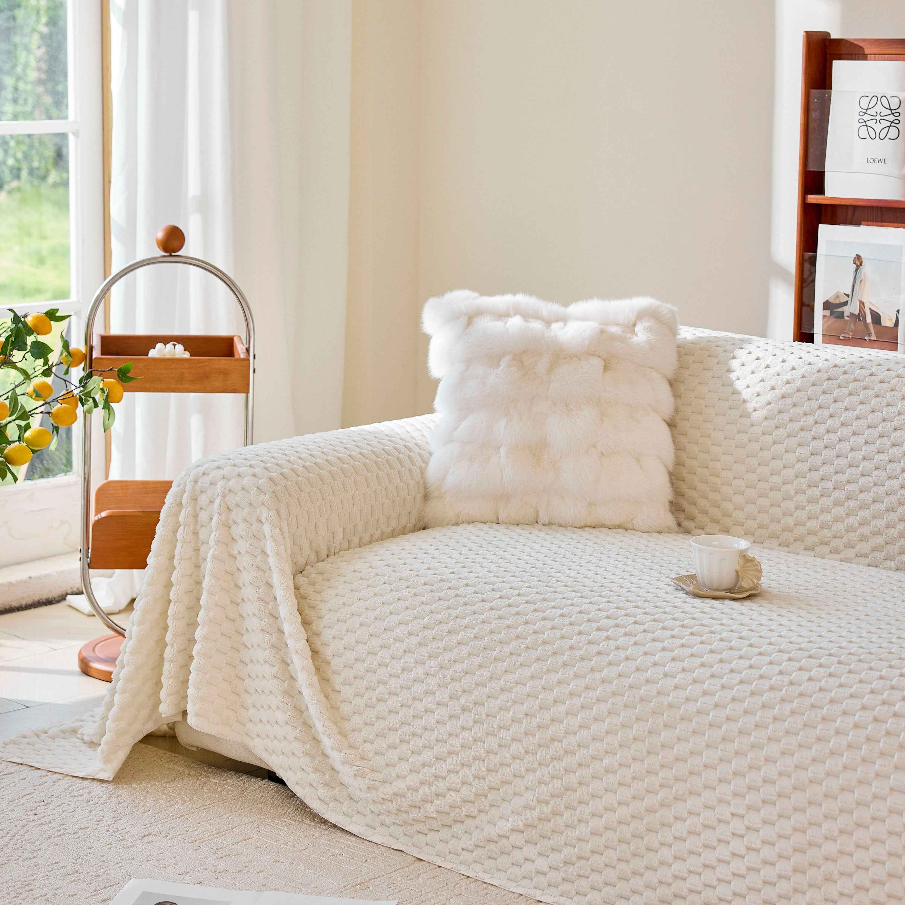 Thick Plush Non-Slip Sofa Throw Cover, Warm Soft Faux Fur Couch Protector for Winter