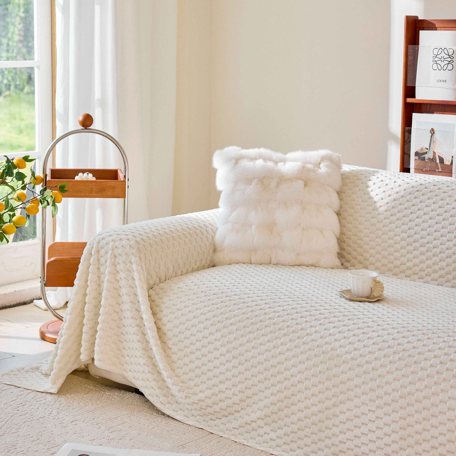 Thick Plush Non-Slip Sofa Throw Cover, Warm Soft Faux Fur Couch Protector for Winter
